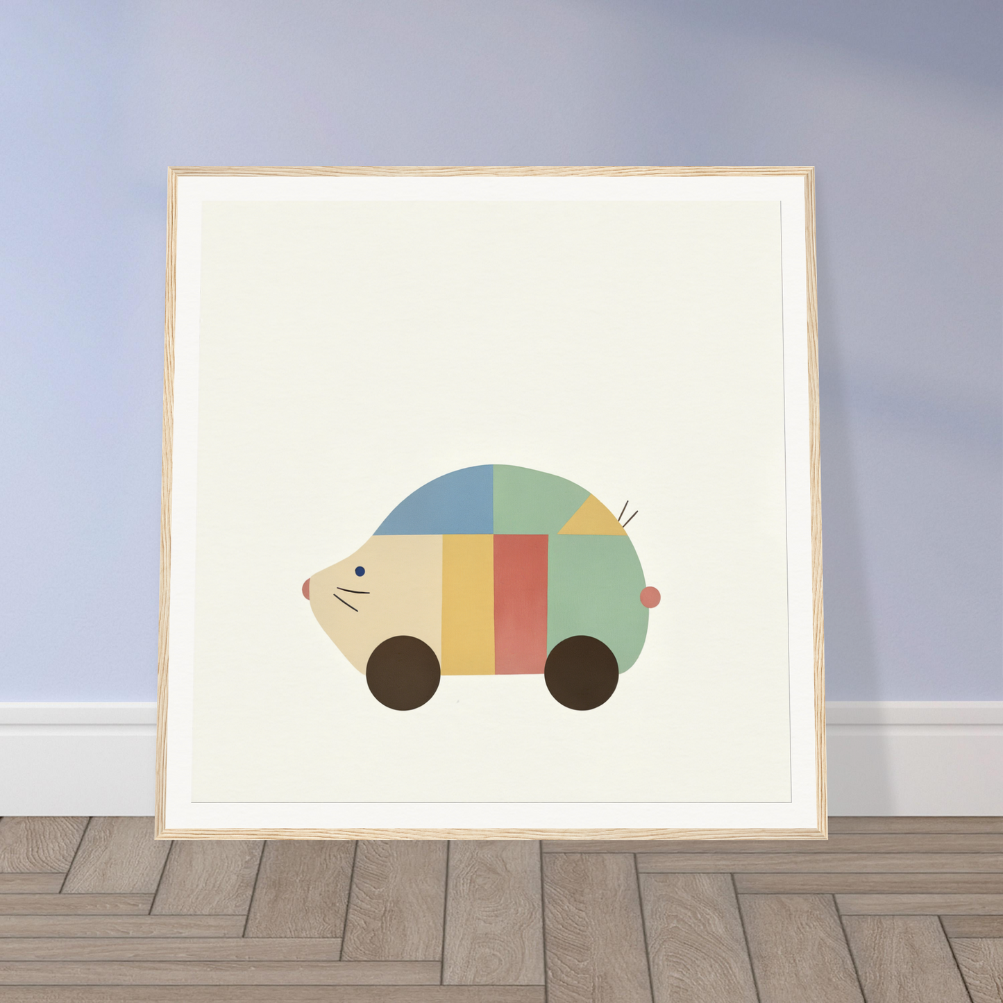 Minimalist illustration of a colorful car-shaped hedgehog from Geometric Hedgewhimsey