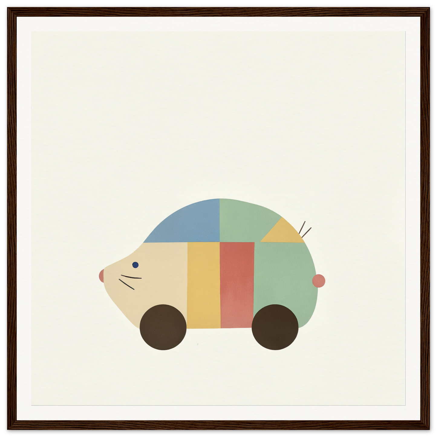 Colorful mouse-shaped car with wheels and whiskers from Geometric Hedgewhimsey special edition