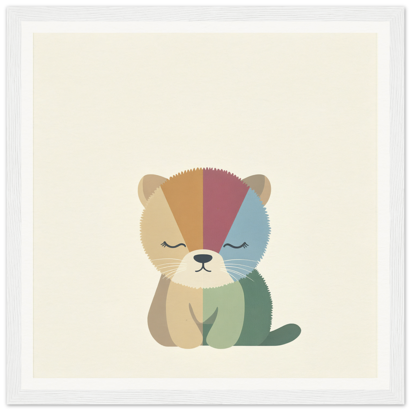 Cute cartoon kitten in geometric serenity dance with color-blocked sections