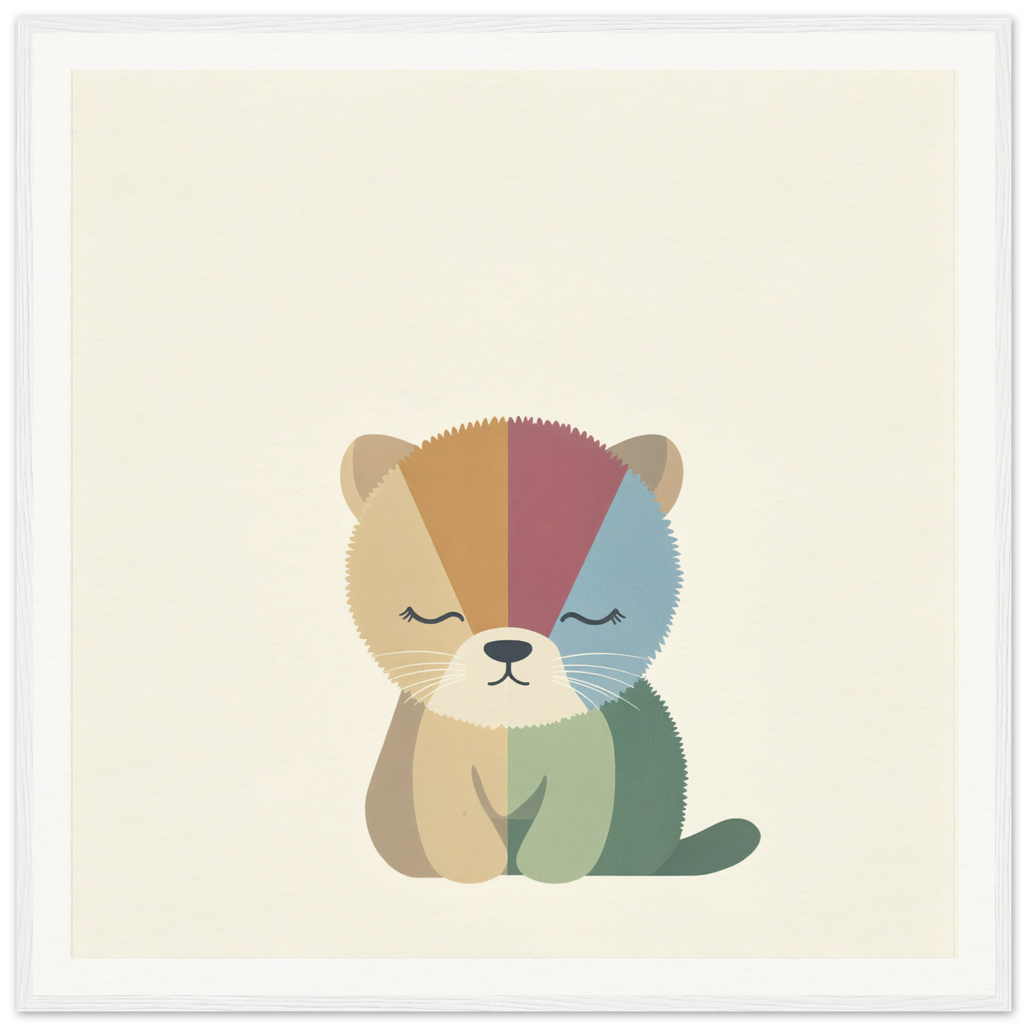 Cute cartoon kitten in colorful geometric sections symbolizing Geometric Serenity Dance