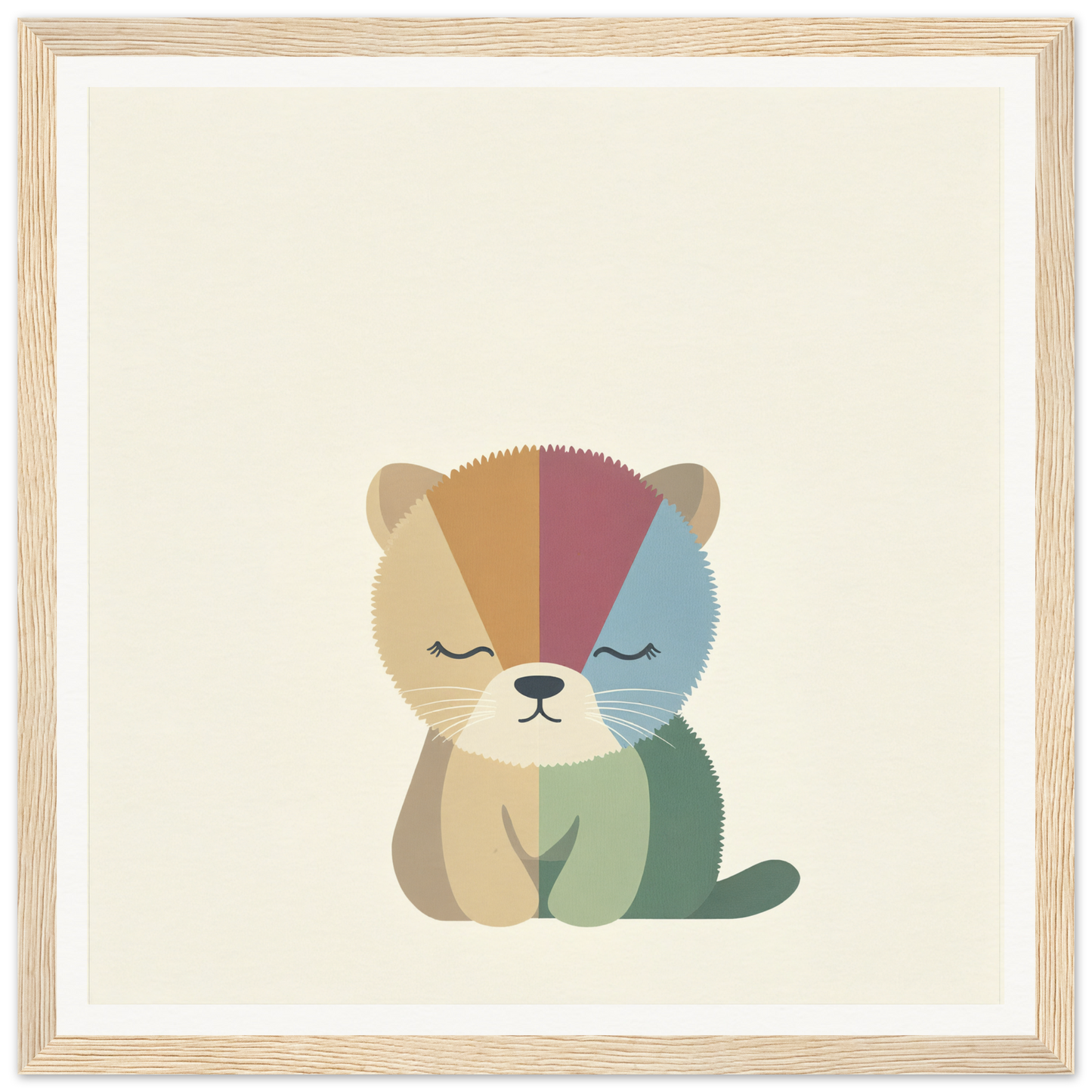 Cute cartoon cat in beige, burgundy, and blue-green showcasing Geometric Serenity Dance