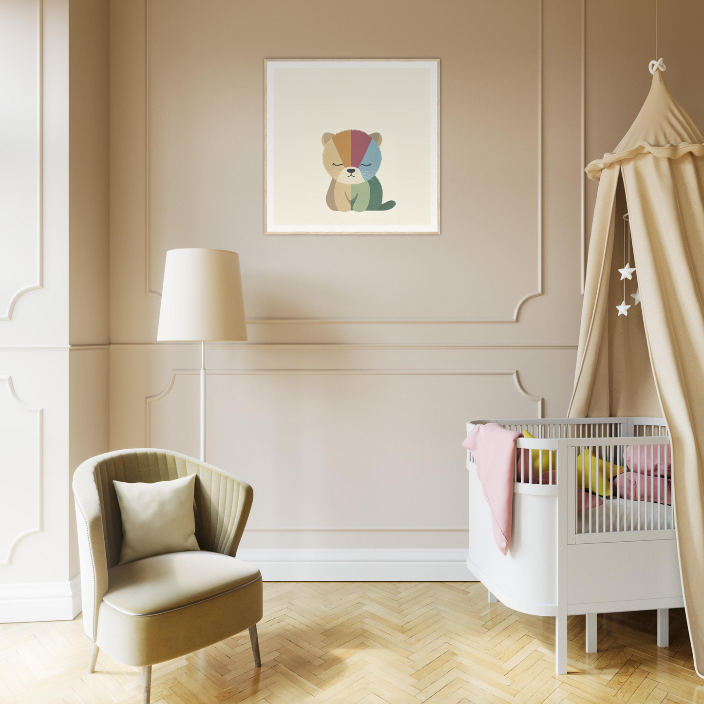 Modern nursery showcasing a canopy crib and armchair with Geometric Serenity Dance design