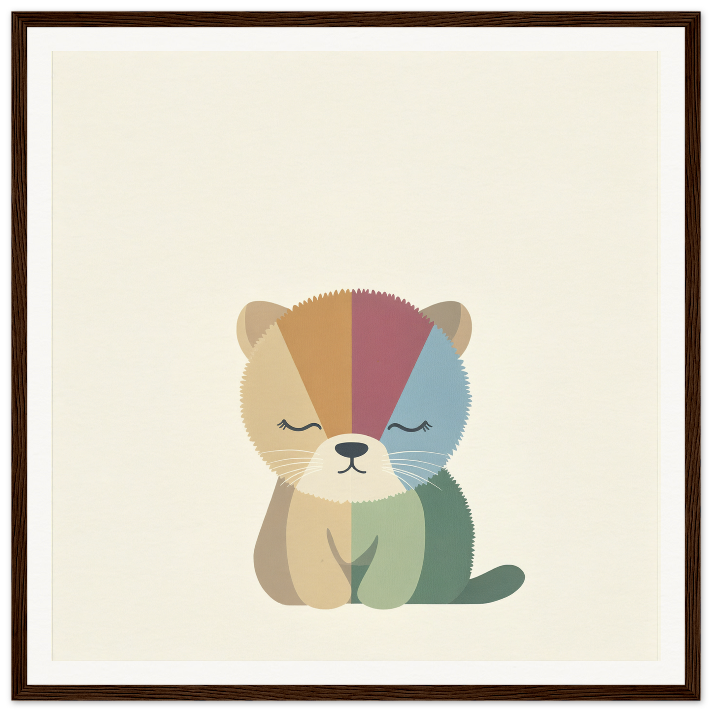 Cute cartoon kitten in four colors, embodying Geometric Serenity Dance theme