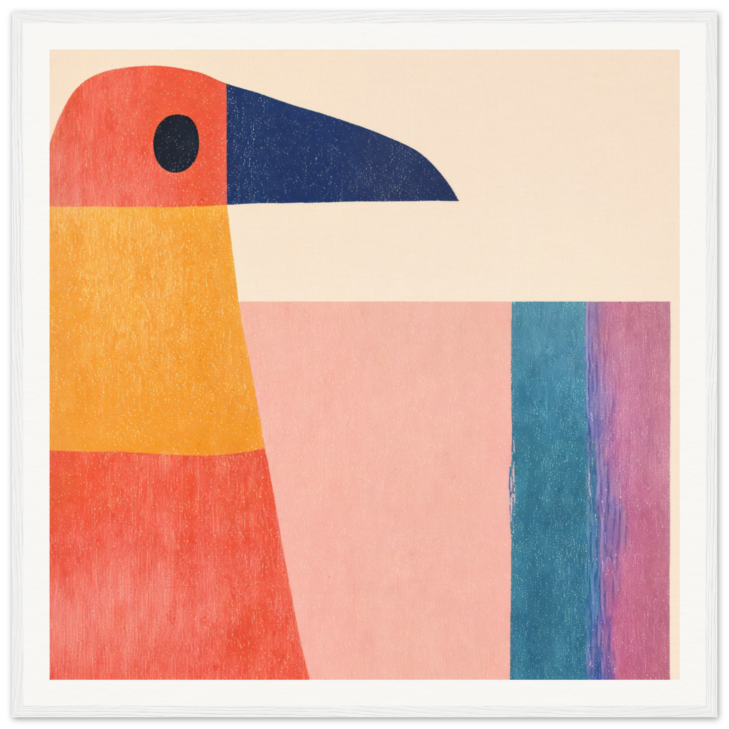 Geometric Toucan Contemplation featuring an orange, yellow, and navy blue bird shape
