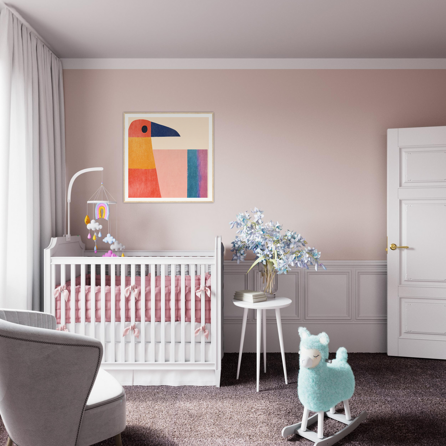 White wooden crib with pink bedding featuring Geometric Toucan Contemplation design