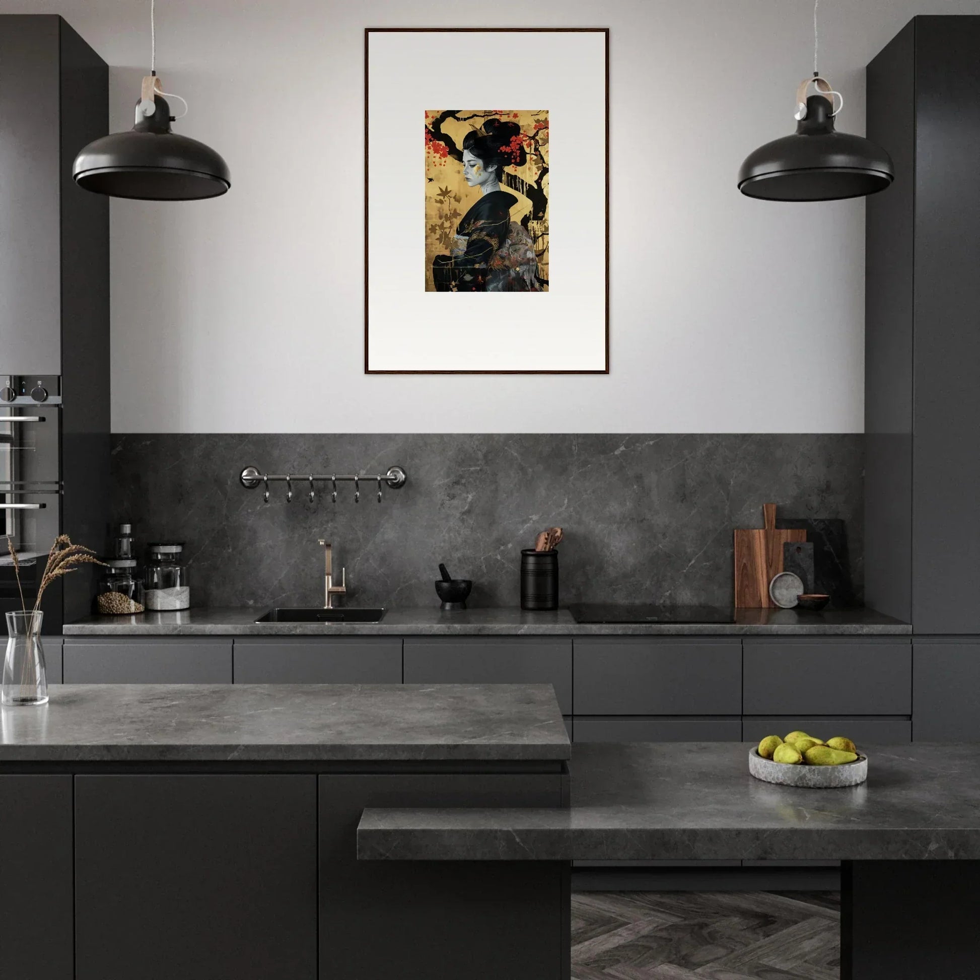 Modern dark gray kitchen with Gilded Cherry Dreams framed wall art and industrial lights