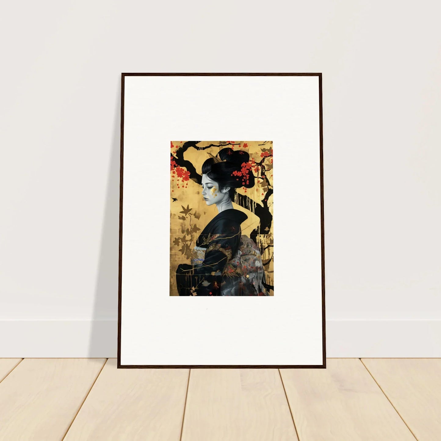 Framed wall art of Japanese-style portrait in Gilded Cherry Dreams with golden background