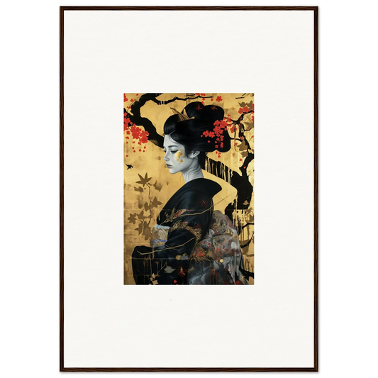 Traditional Japanese woman in black kimono, part of Gilded Cherry Dreams framed wall art