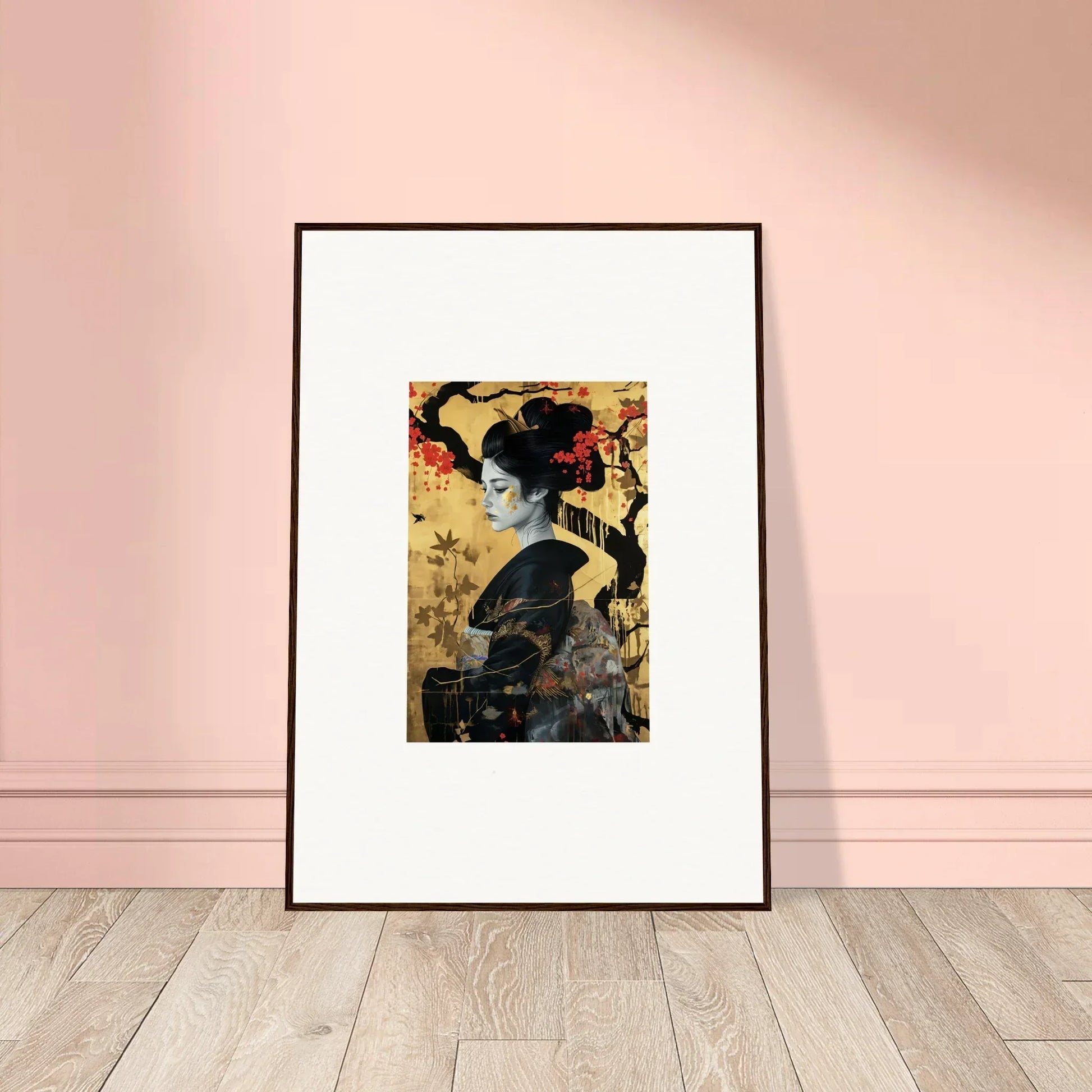 Framed Japanese geisha artwork in black and gold from Gilded Cherry Dreams