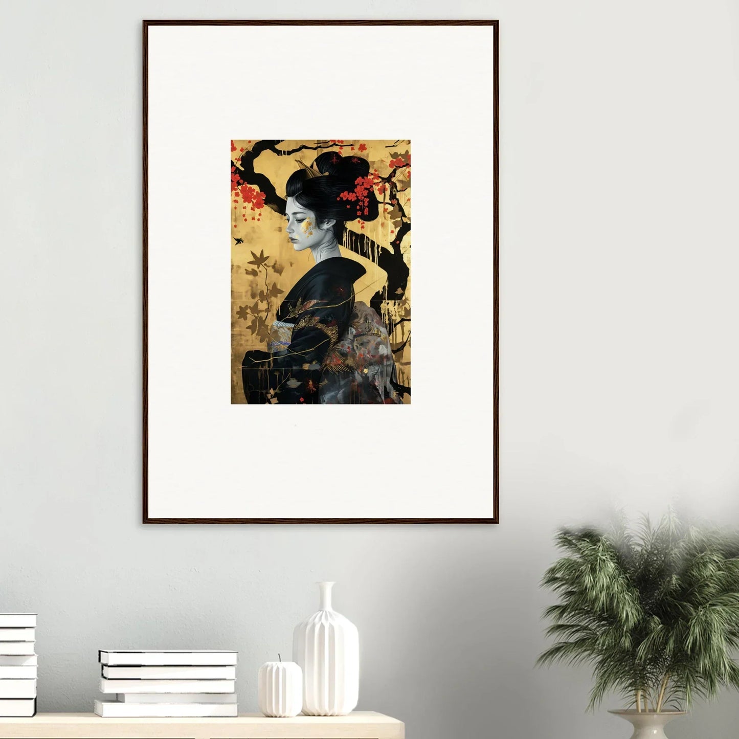 Framed wall art of a geisha in gilded cherry dreams against a gold backdrop