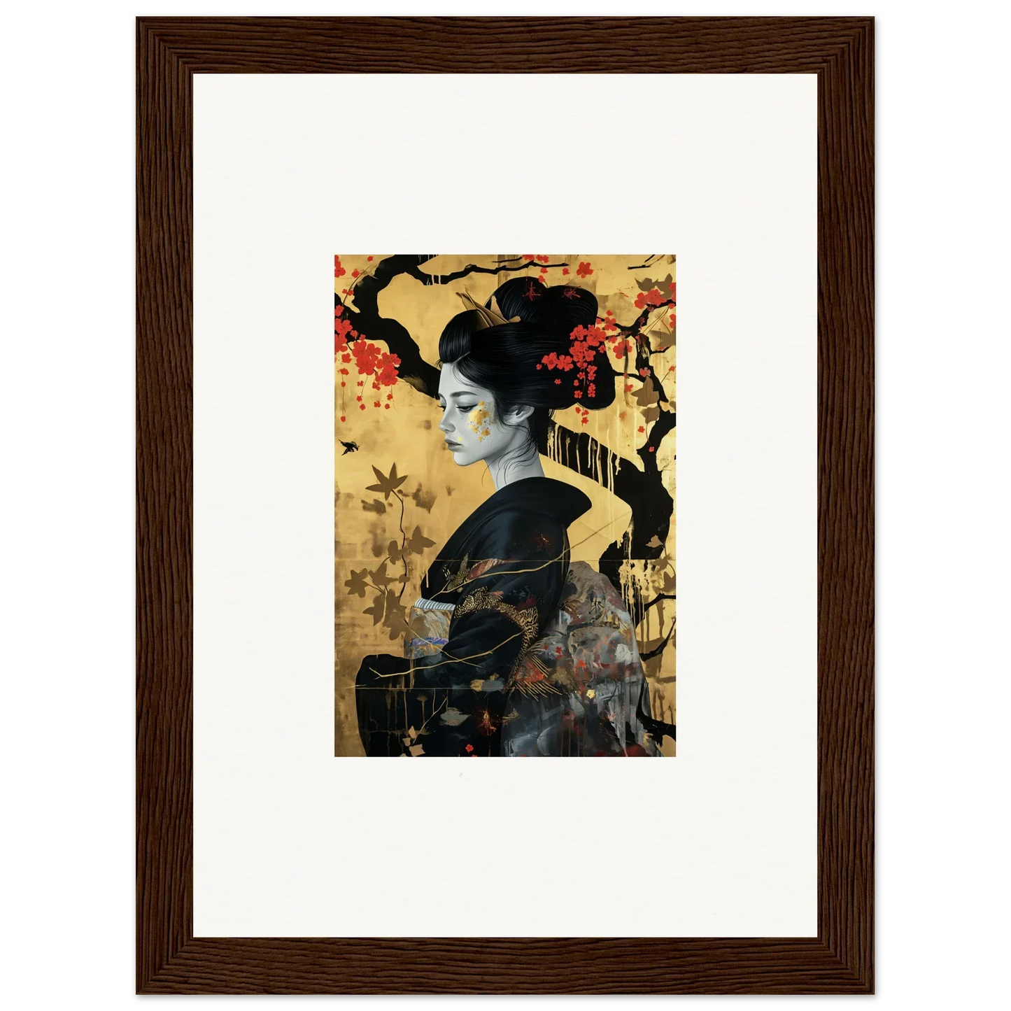 Traditional Japanese art print of a figure in a black kimono for Gilded Cherry Dreams