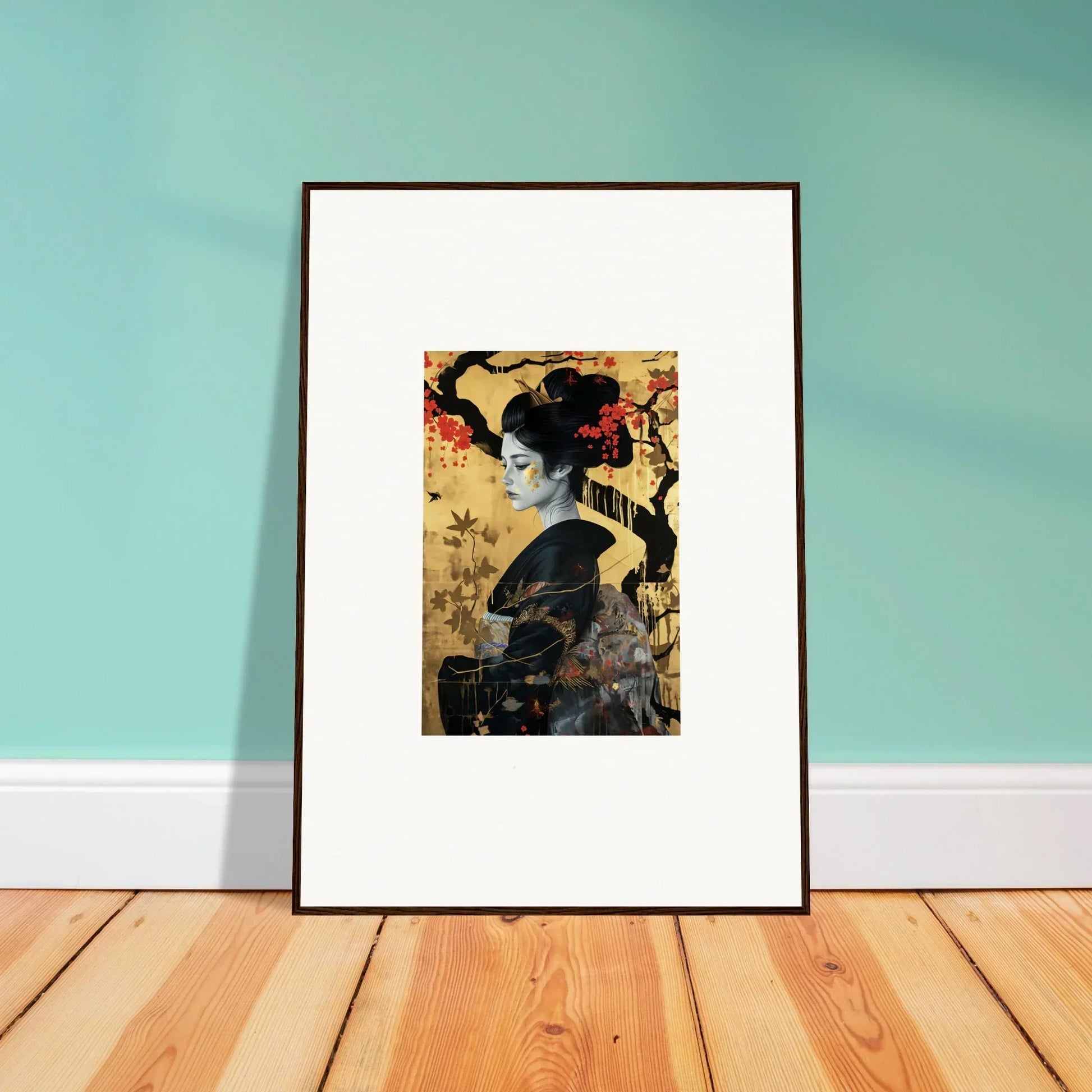 Framed wall art of a dark Japanese-style portrait in Gilded Cherry Dreams
