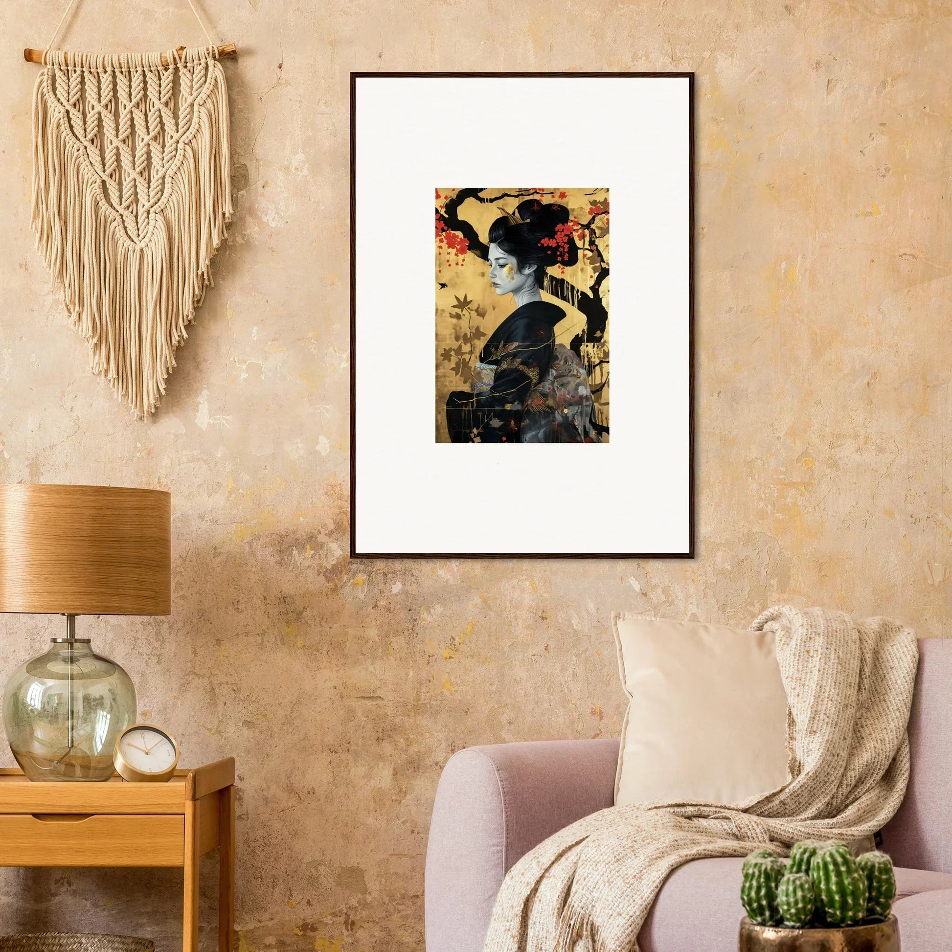 Framed wall art of Gilded Cherry Dreams with abstract dark figures on a golden background