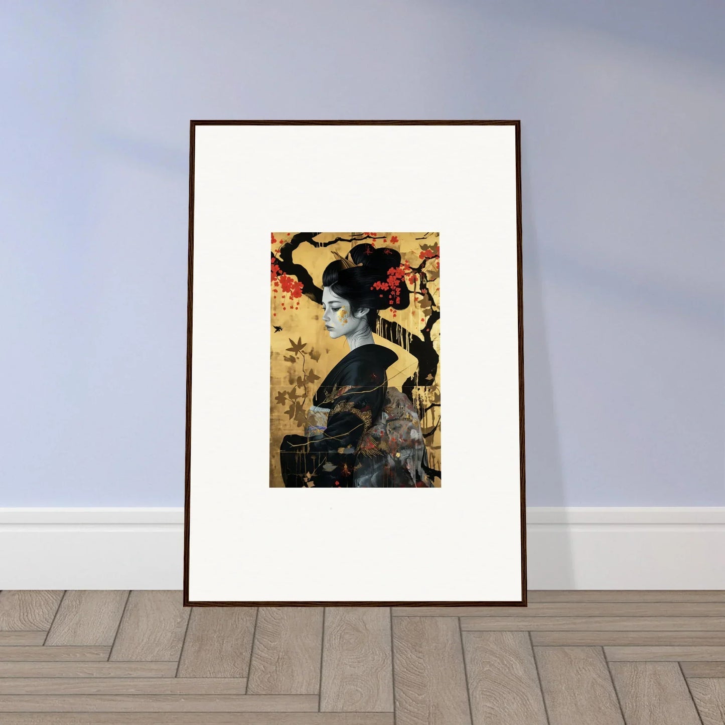 Framed wall art of a Japanese geisha in Gilded Cherry Dreams special edition art