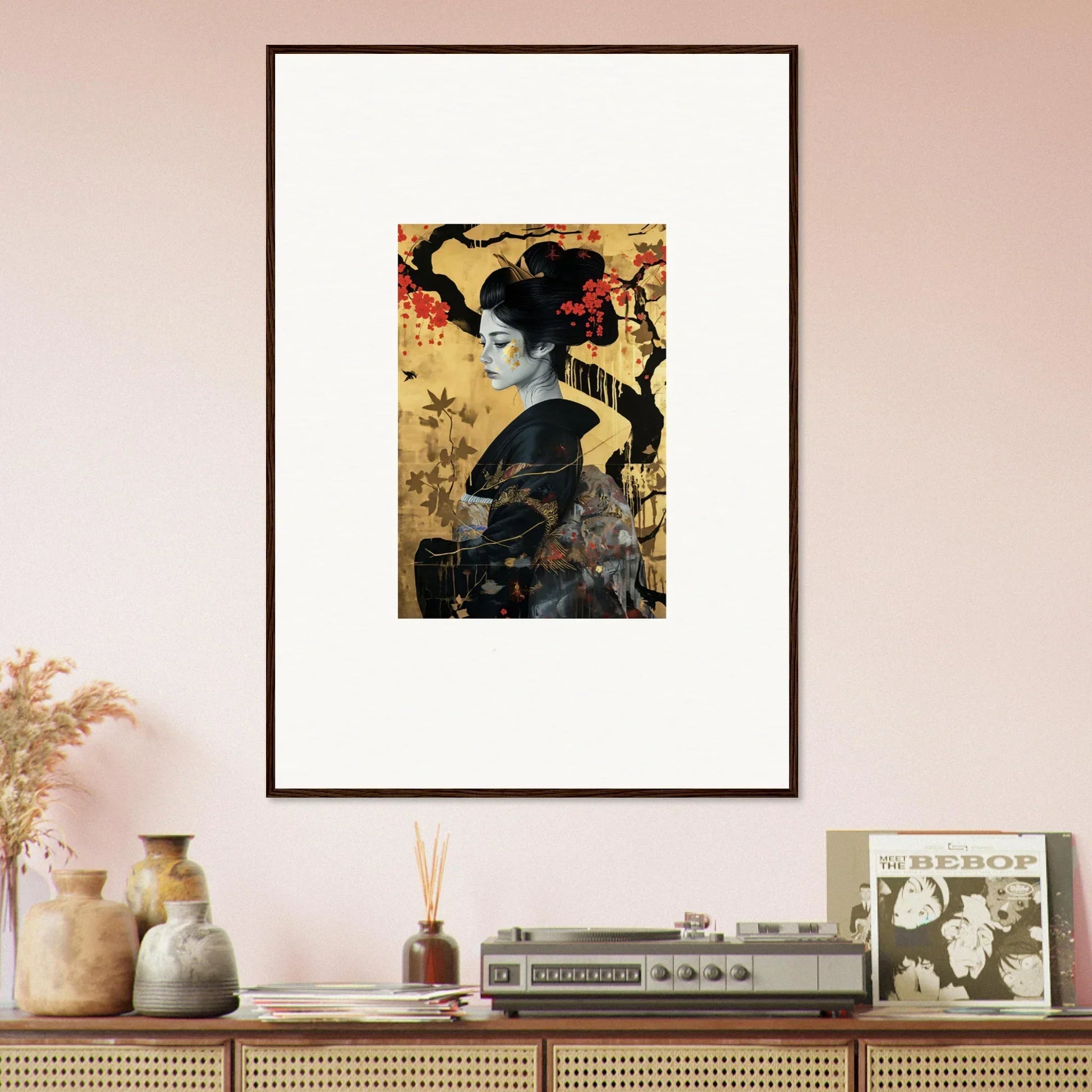 Framed Japanese Geisha artwork in black and gold from Gilded Cherry Dreams collection