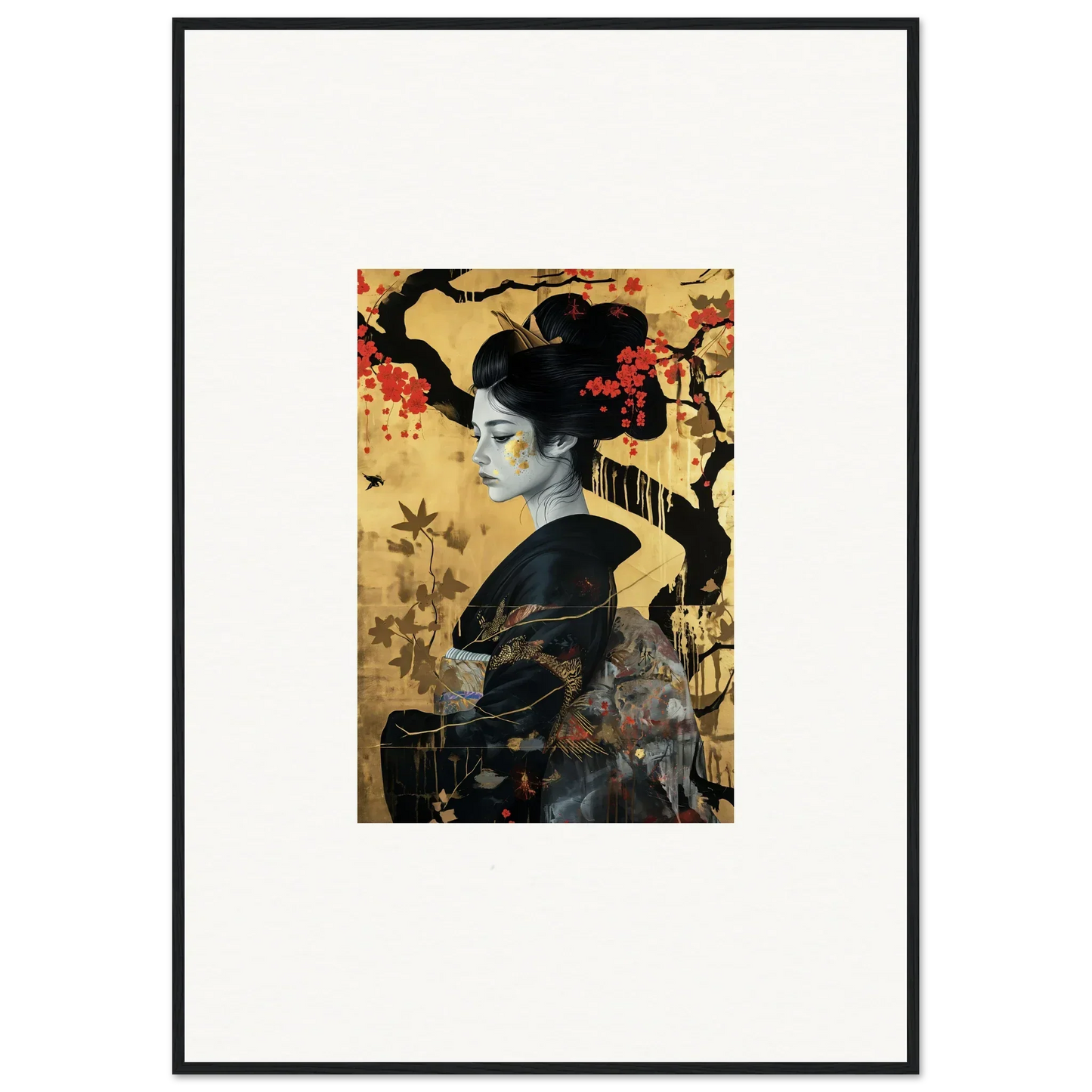 Framed wall art of a geisha in Gilded Cherry Dreams on a golden background