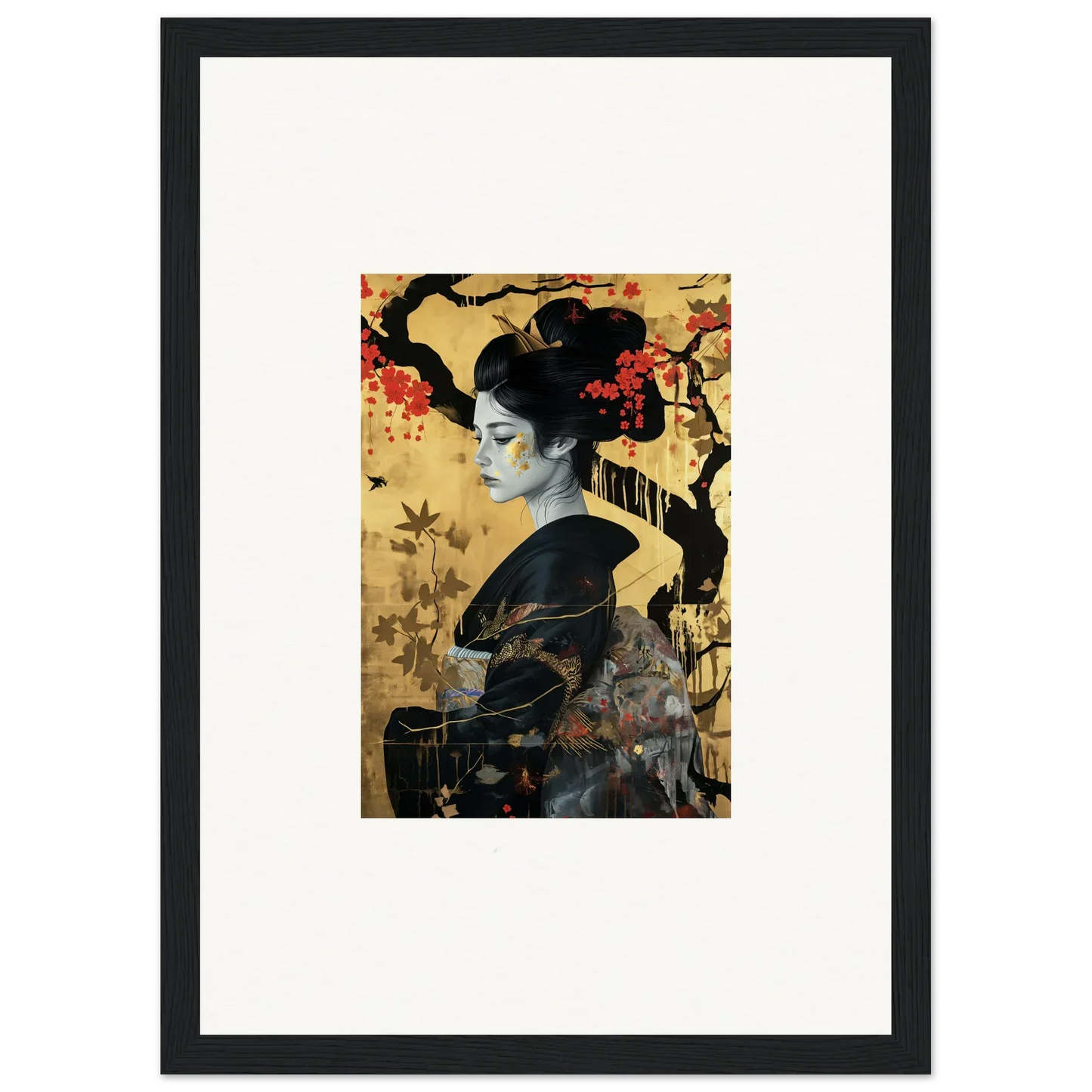 Framed wall art of a geisha in gold and black from Gilded Cherry Dreams collection