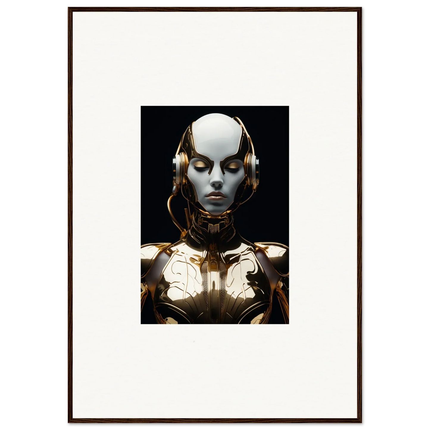 Futuristic humanoid robot with golden accents for a unique room decoration canvas print