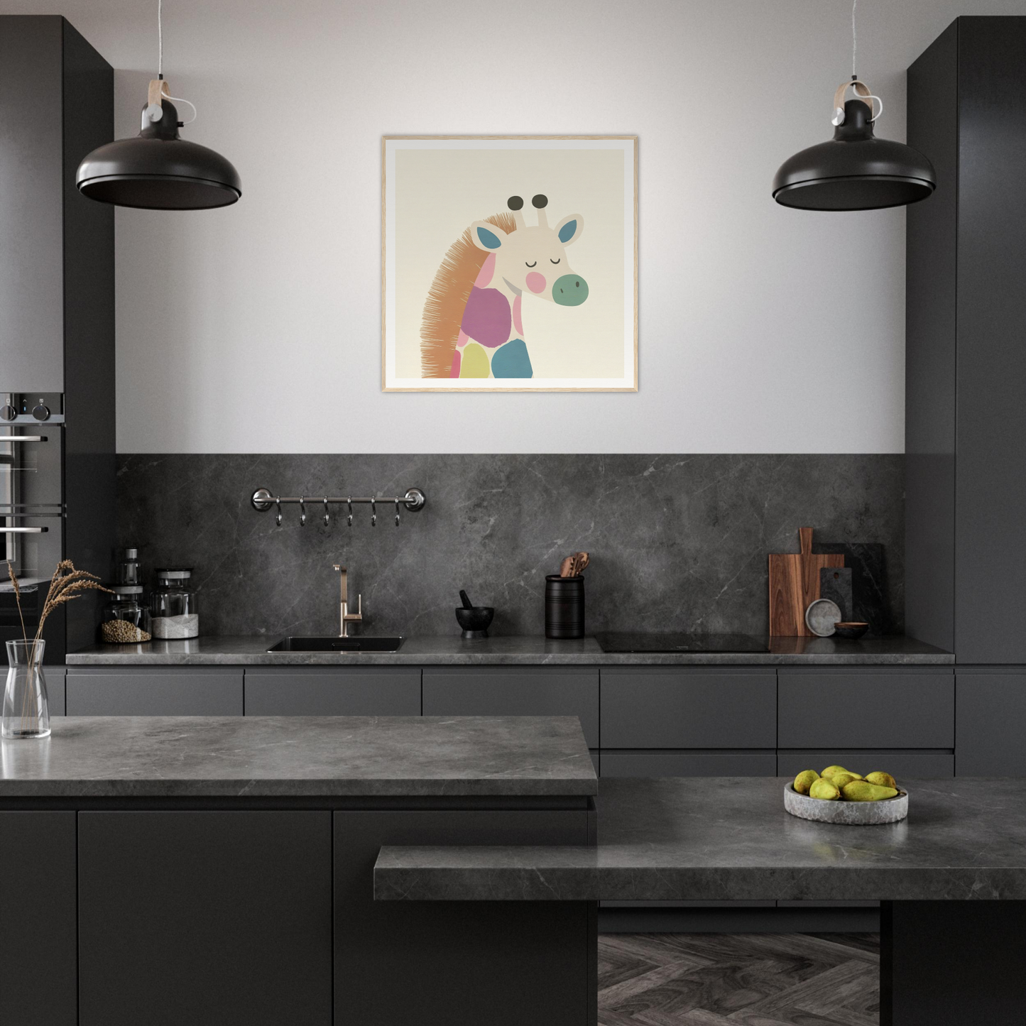 Modern dark kitchen featuring matte black cabinets and Giraffe Tranquil Triptych art
