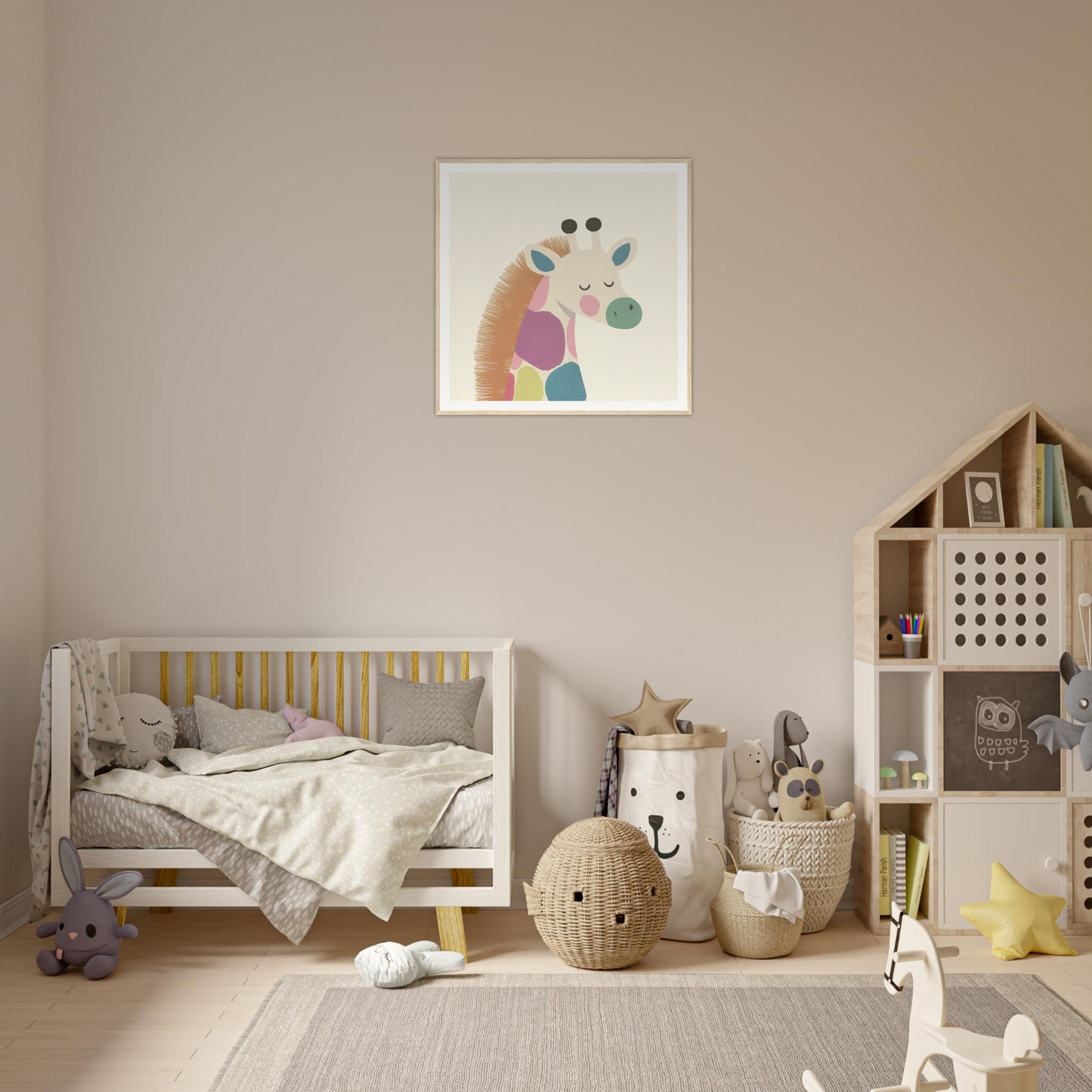 Cozy nursery featuring Giraffe Tranquil Triptych, wooden crib, and woven storage baskets