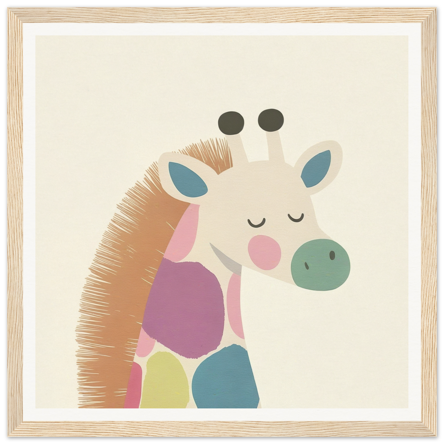 Colorful cartoon giraffe with closed eyes, exuding tranquility in Giraffe Tranquil Triptych