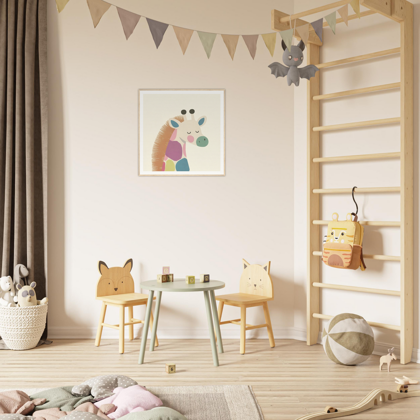 Children’s play area with animal-themed chairs and round table in Giraffe Tranquil Triptych