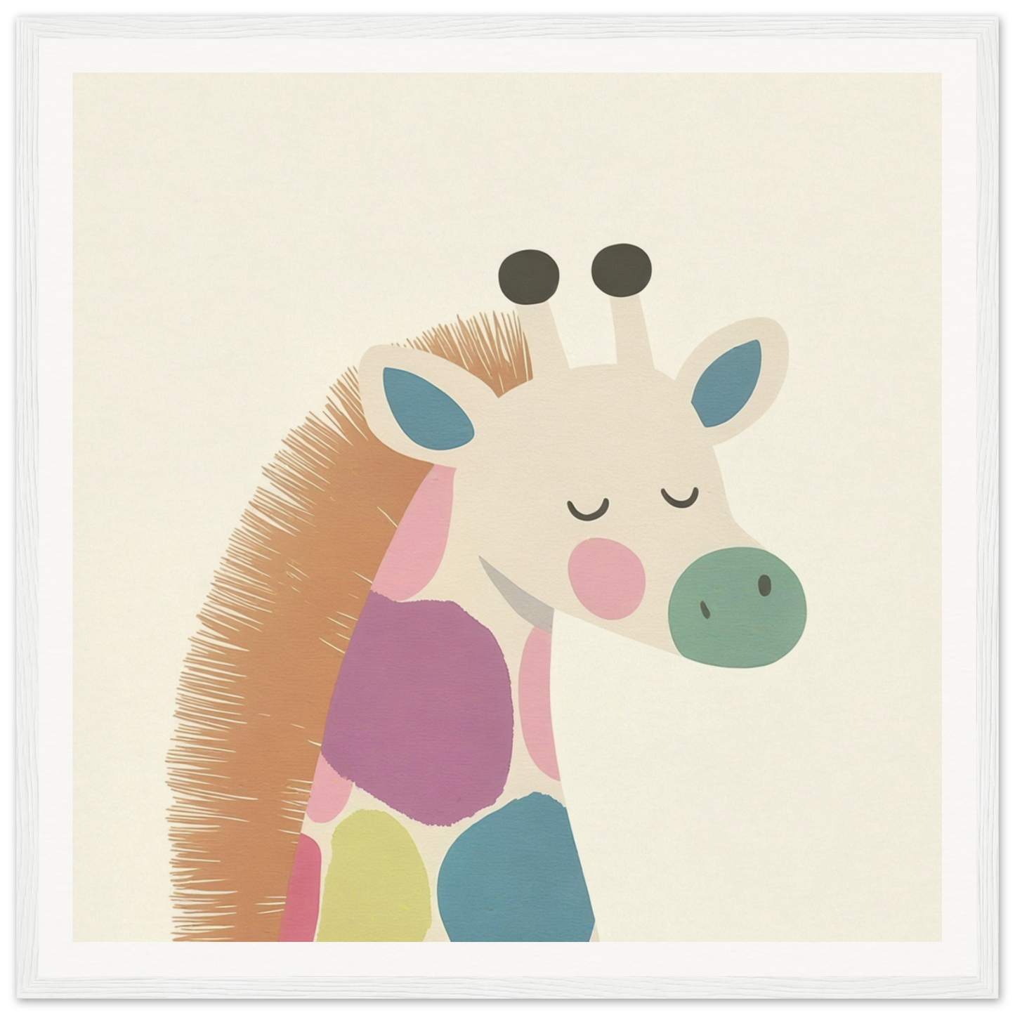 Colorful cartoon giraffe with closed eyes and gentle expression in Giraffe Tranquil Triptych