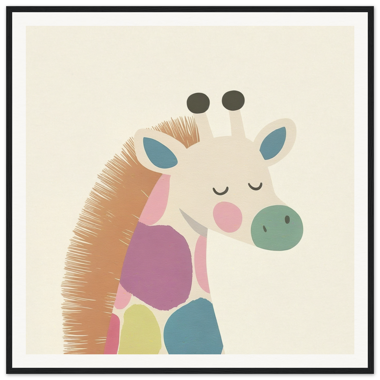 Colorful cartoon giraffe with closed eyes and spiky mane in Giraffe Tranquil Triptych