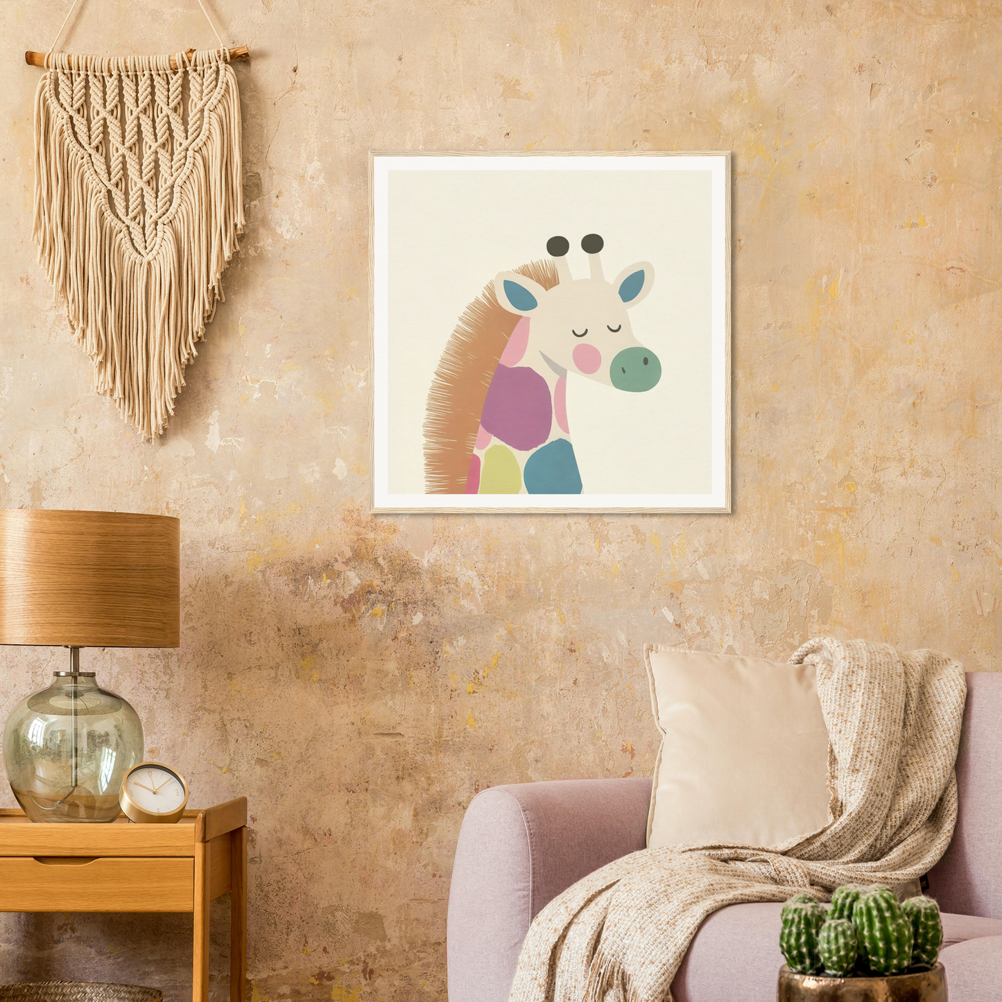 Whimsical geometric giraffe artwork in pastel colors on white canvas for Giraffe Tranquil Triptych