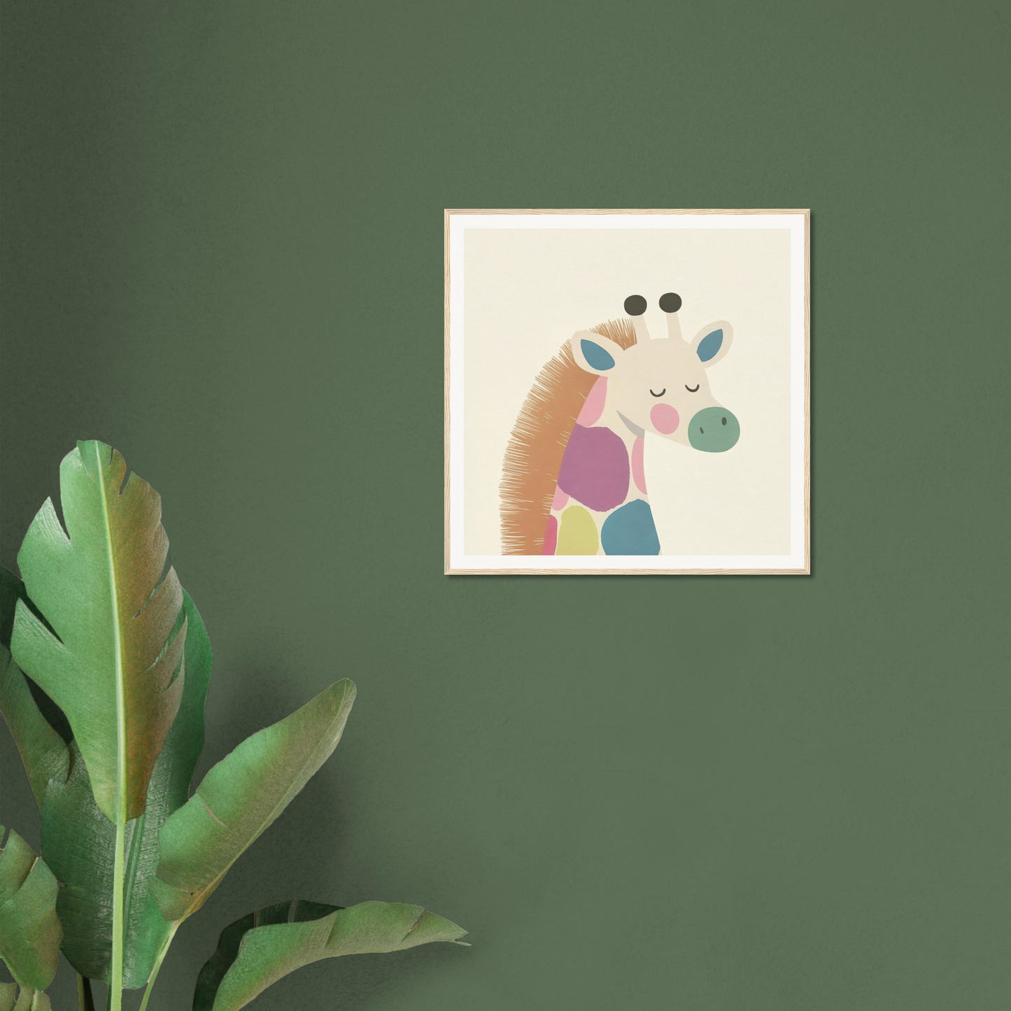 Cute cartoon giraffe illustration with geometric shapes in soft colors for Giraffe Tranquil Triptych