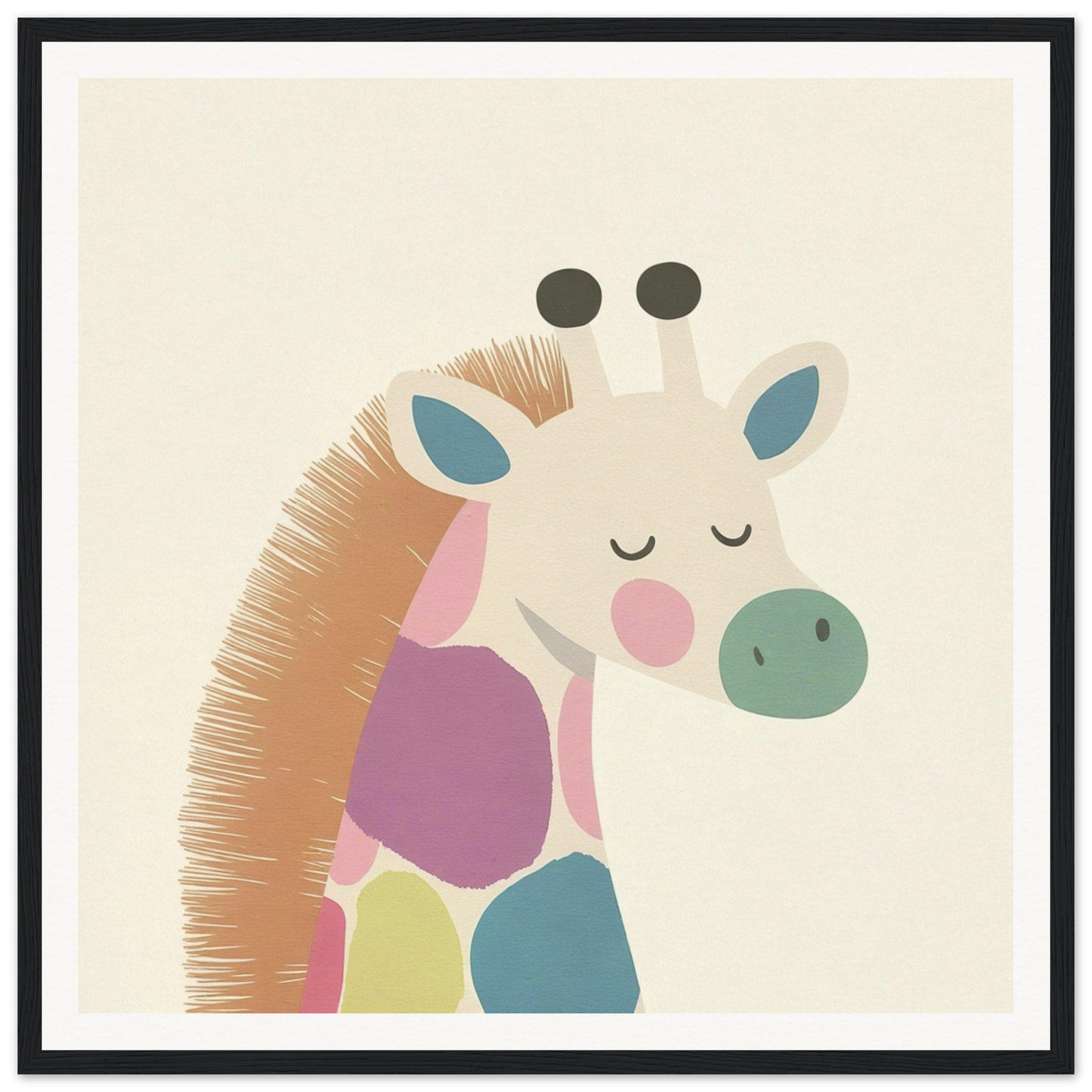 Colorful cartoon giraffe with closed eyes and a gentle expression in Giraffe Tranquil Triptych