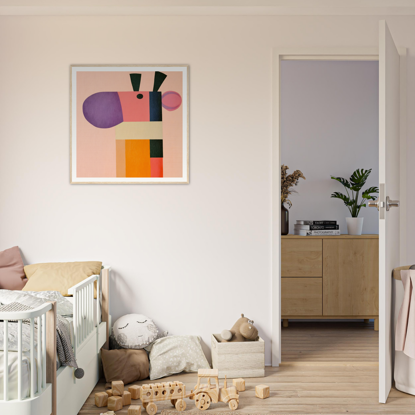 Abstract geometric artwork in purple, pink, orange, and black for Giraffe’s Geometric Reverie