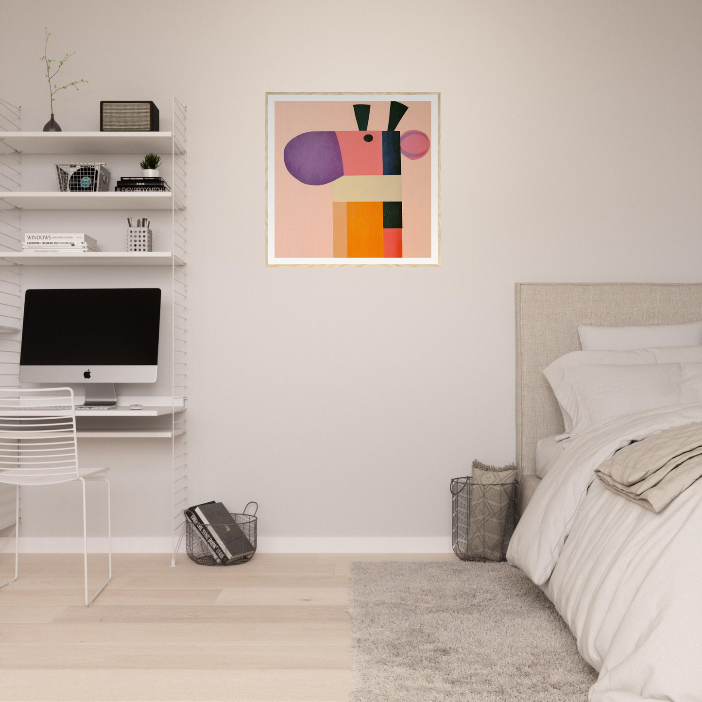 Modern bedroom featuring Giraffe’s Geometric Reverie with minimalist shelves and iMac