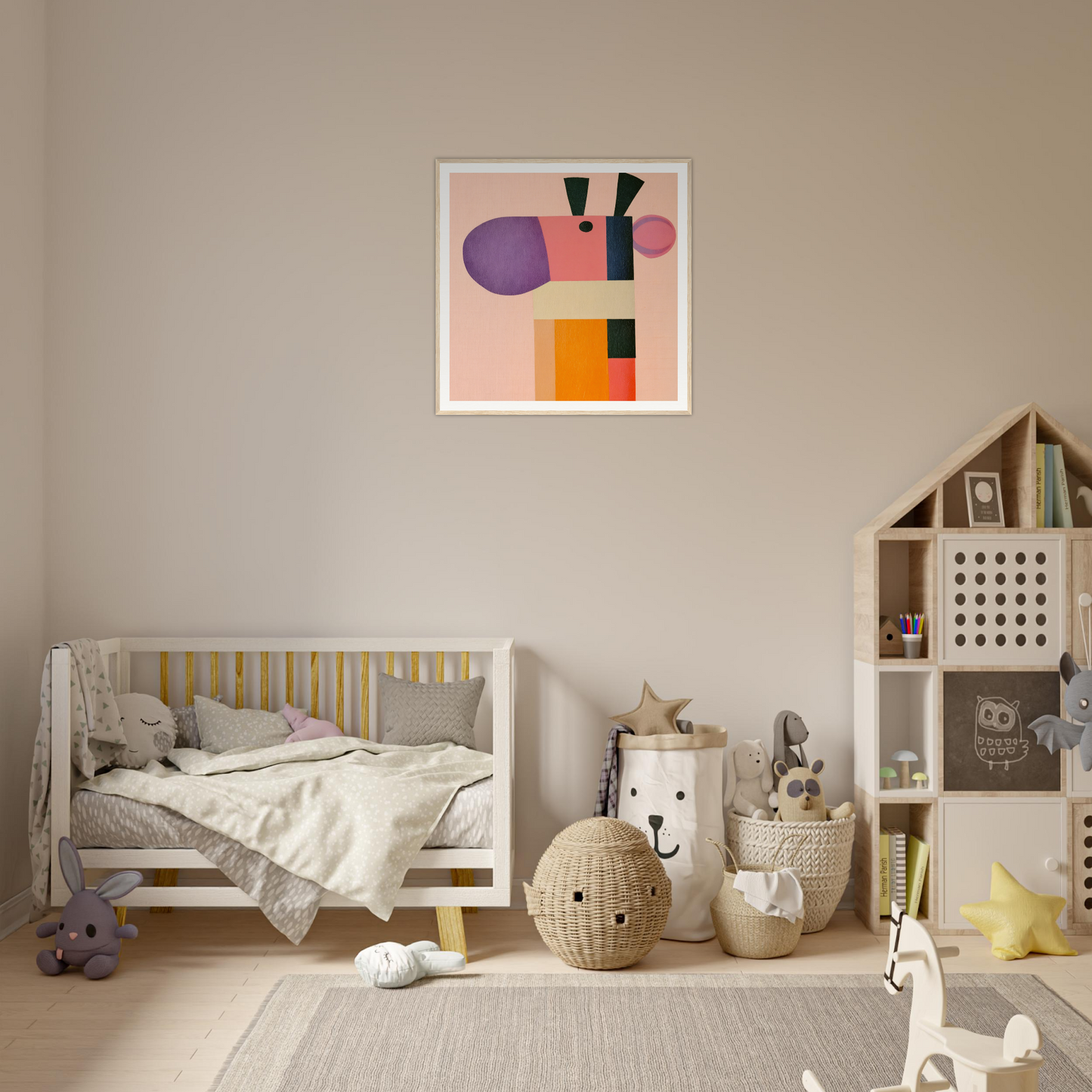 Wooden crib with gray bedding and yellow railings from Giraffe’s Geometric Reverie