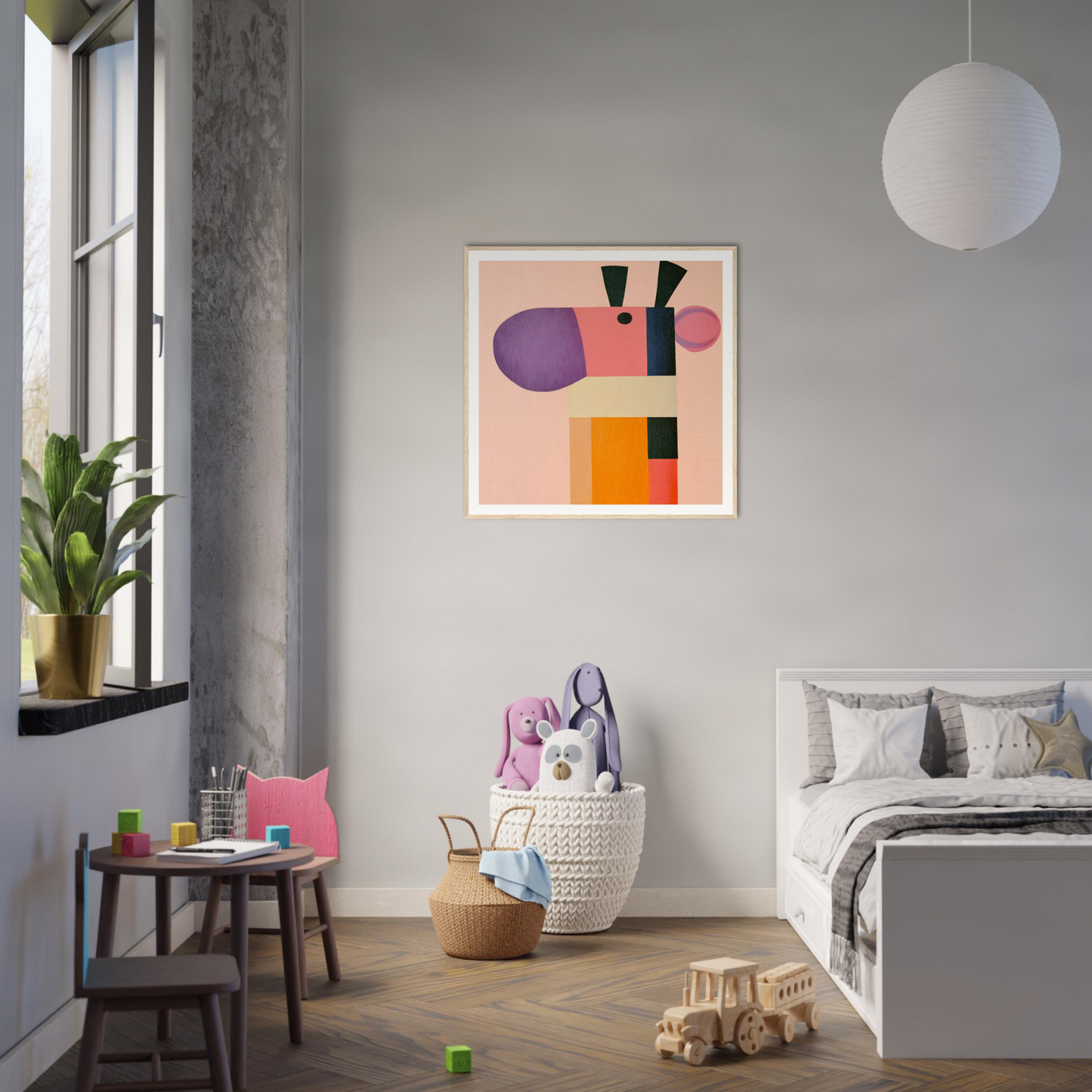 Modern bedroom showcasing Giraffe’s Geometric Reverie abstract artwork in vibrant tones