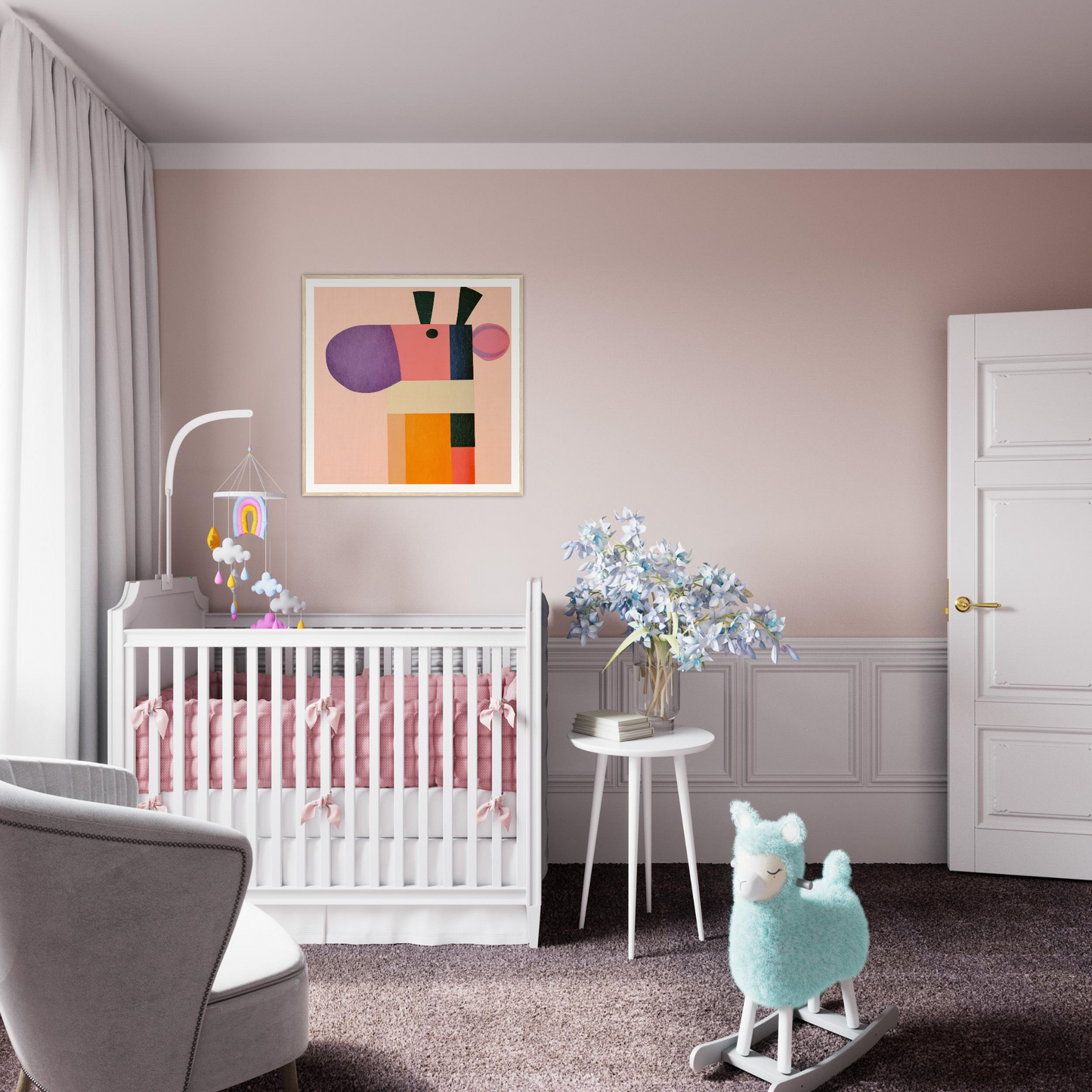 White wooden crib with pink bedding from Giraffe’s Geometric Reverie collection