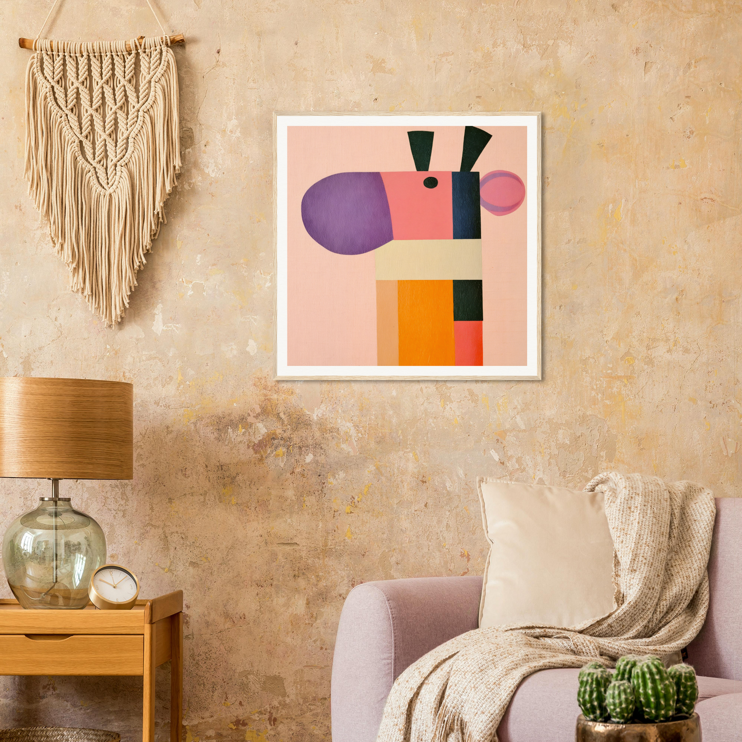 Abstract geometric art print in pink, purple, orange, and black for Giraffe’s Geometric Reverie