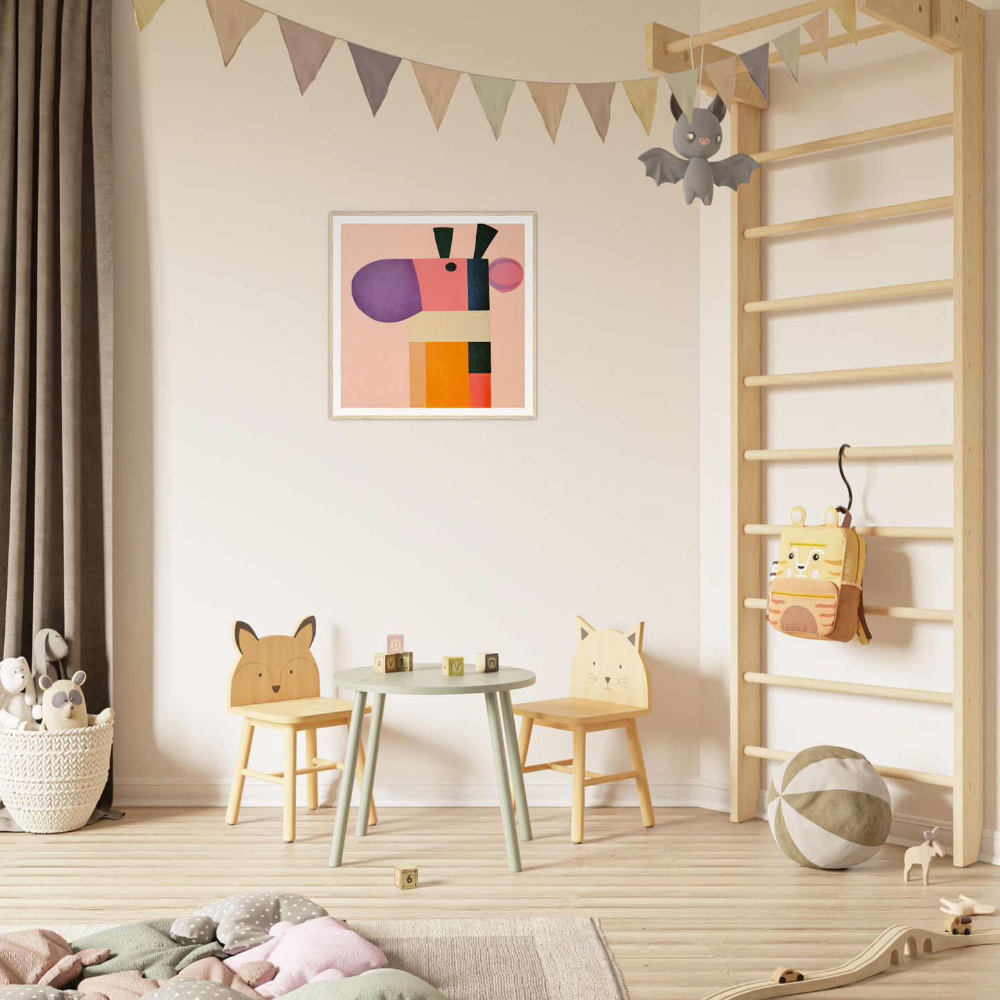 Children’s play area featuring Giraffe’s Geometric Reverie animal-themed chairs and table