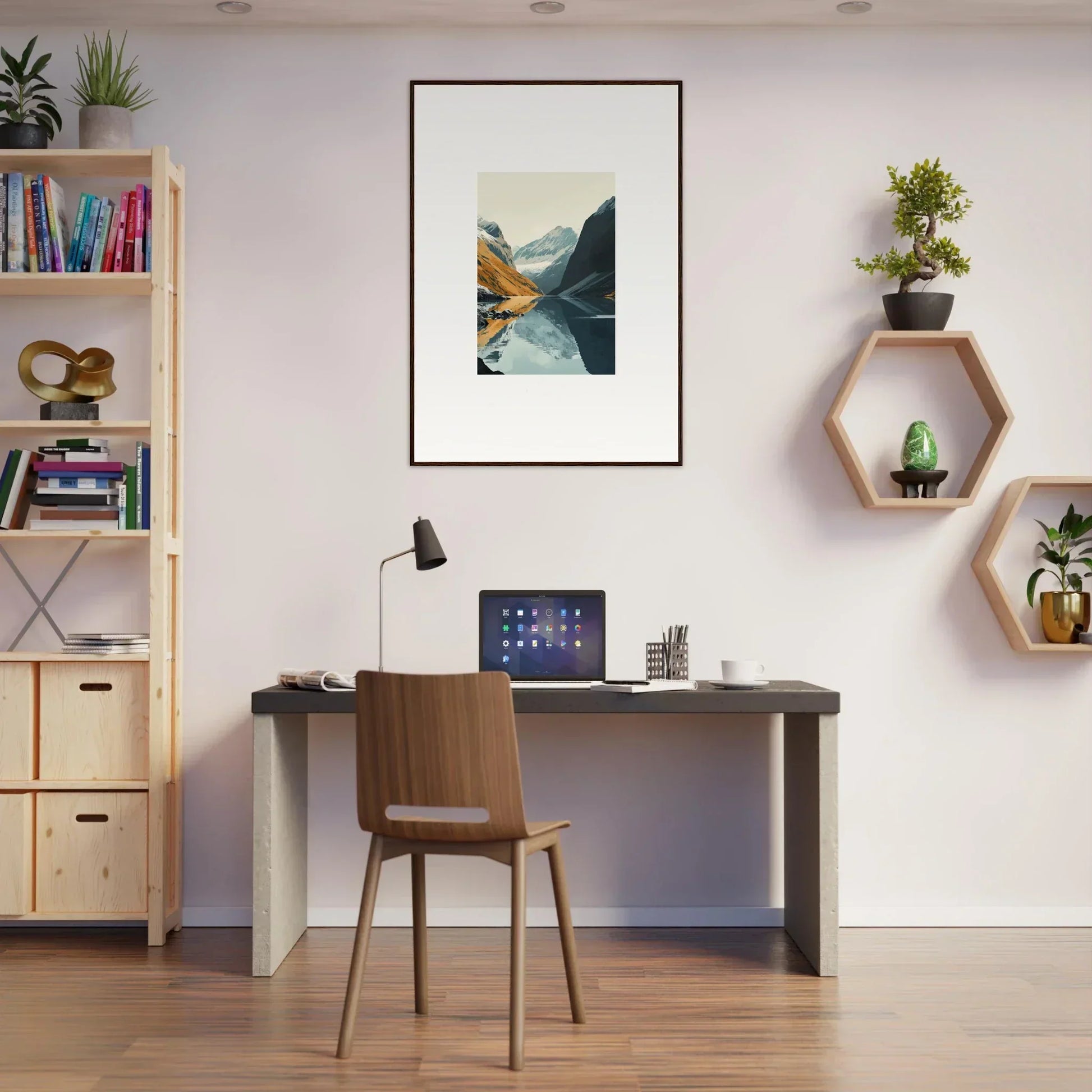 Minimalist home office with Glacier Harmony decor and a stylish canvas print