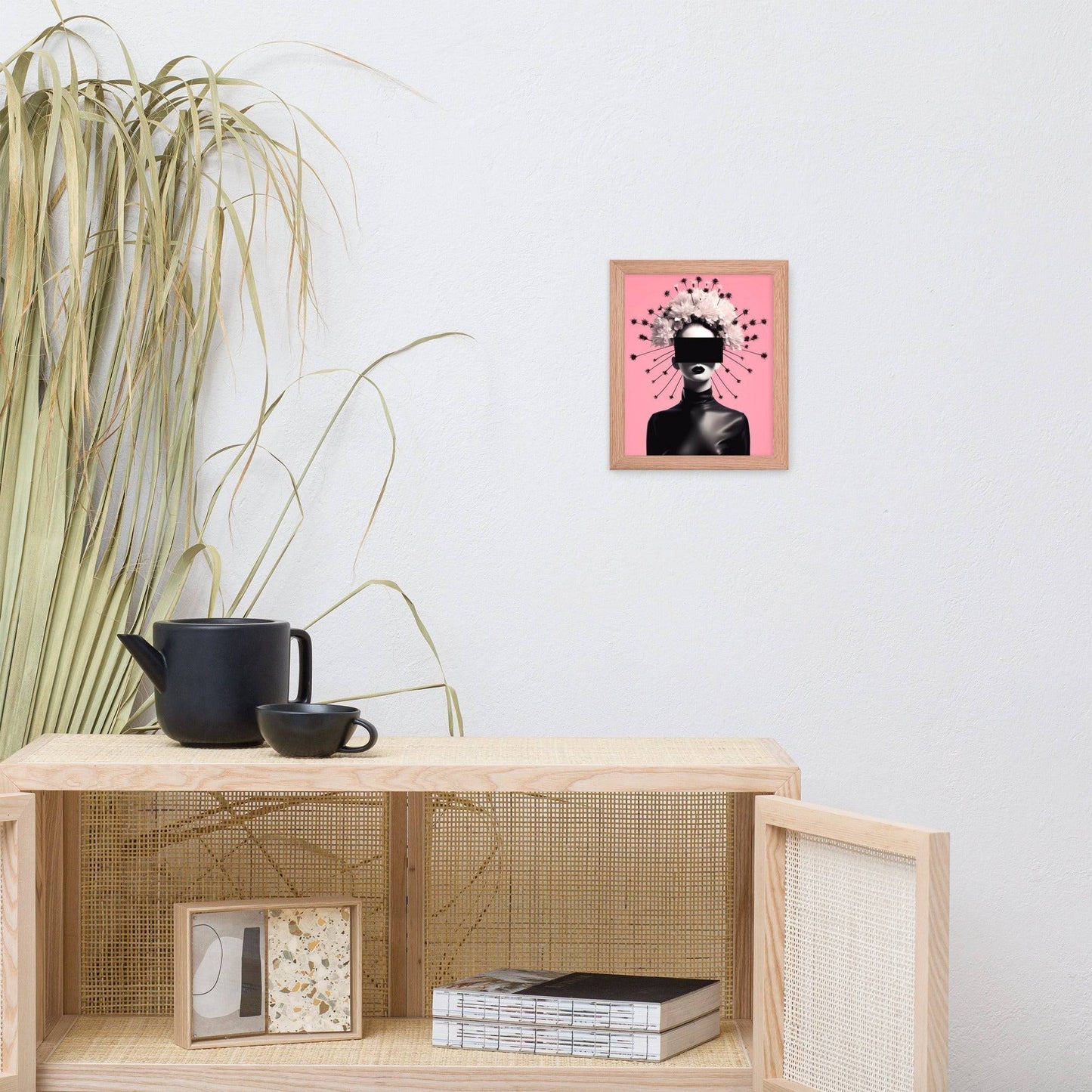 Wooden cabinet with mesh doors and open shelving.