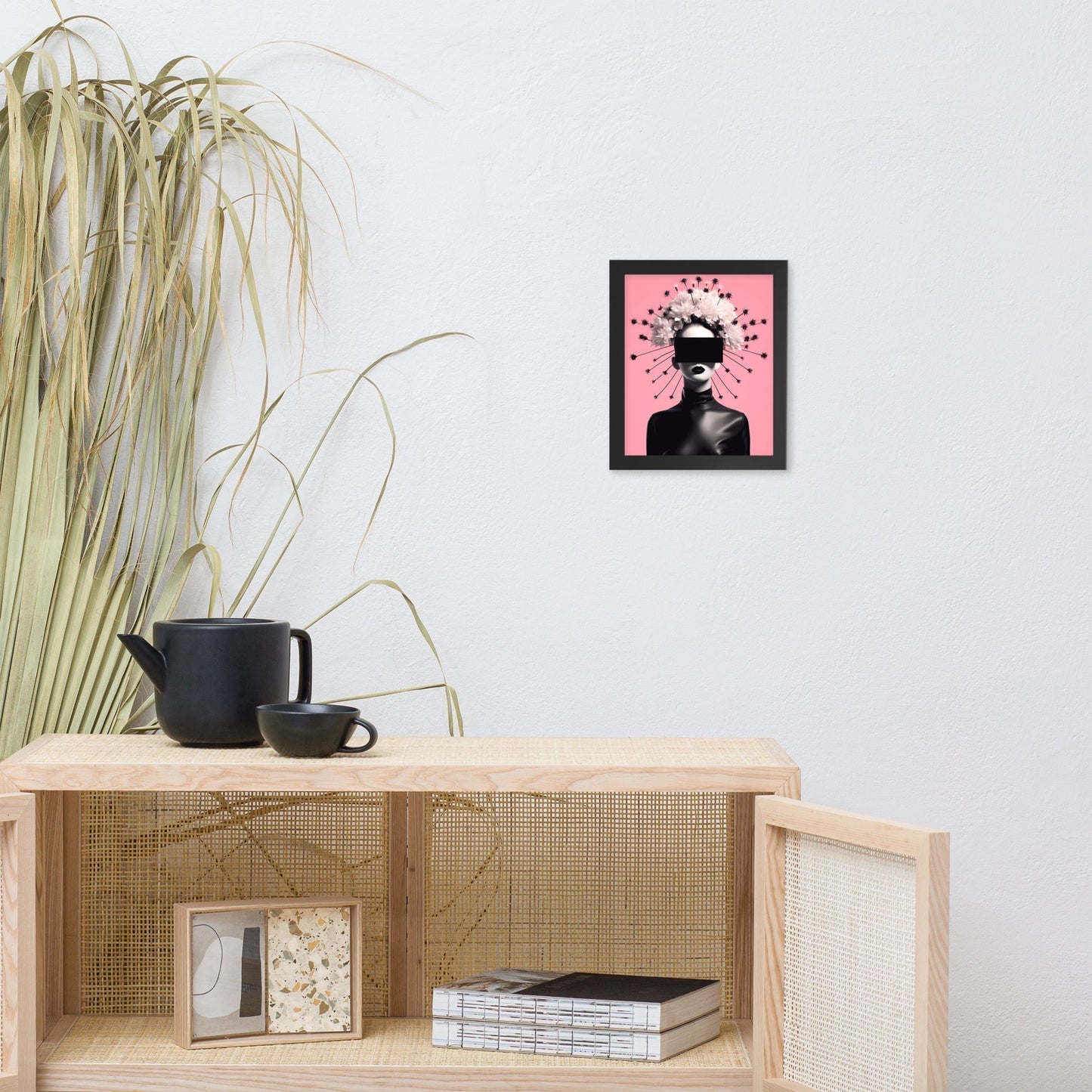Wooden cabinet with mesh doors and open shelving.