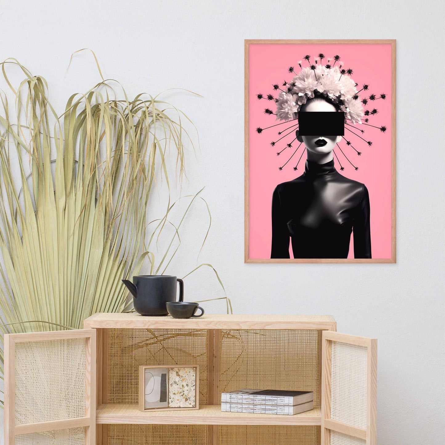 Surrealist artwork featuring a silhouetted figure with a halo-like crown of black spikes against a pink background.
