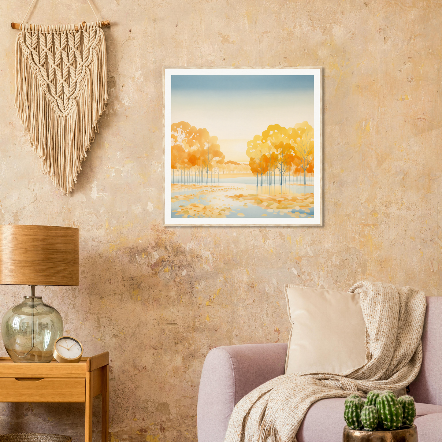 Framed watercolor of autumn trees in Golden Cosmik Reverie illuminated by sunlight