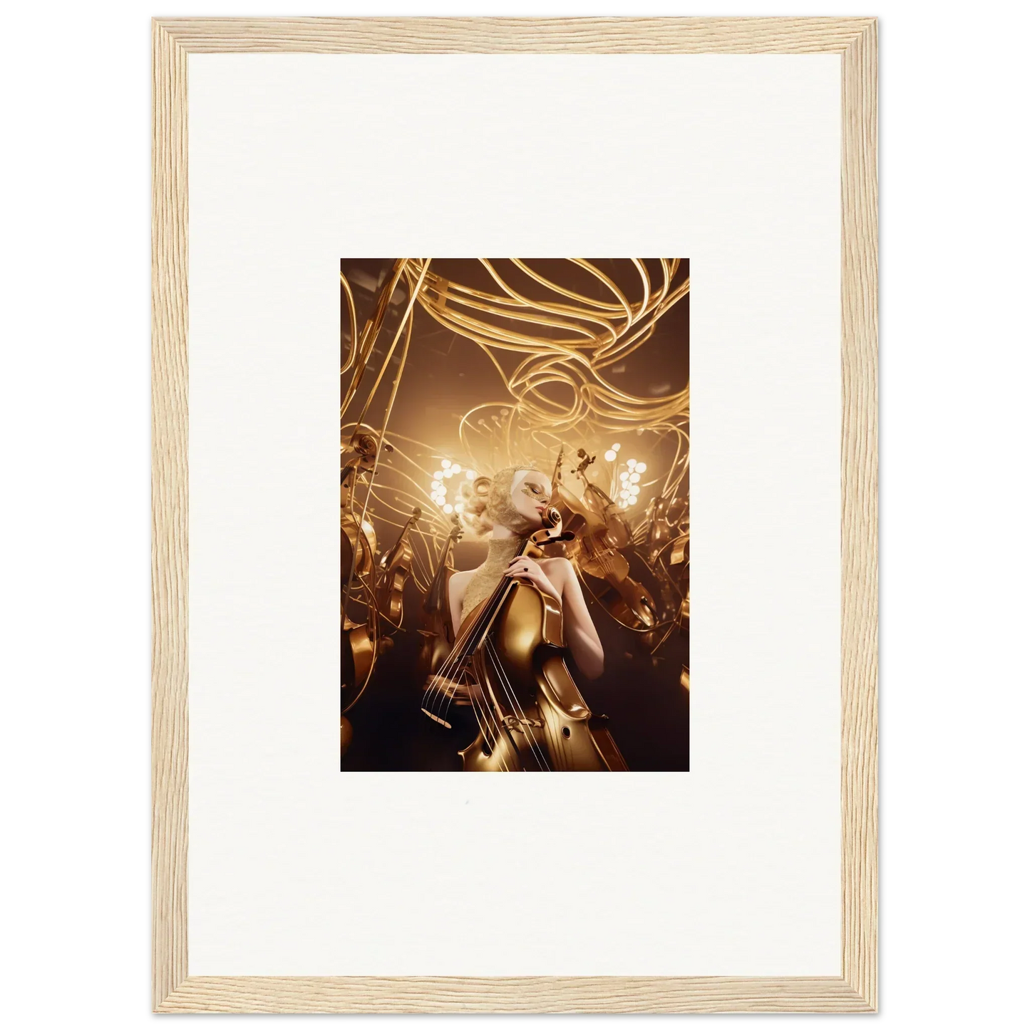 Framed wall art of a golden figure in light streaks for Harmony Enigma room decor