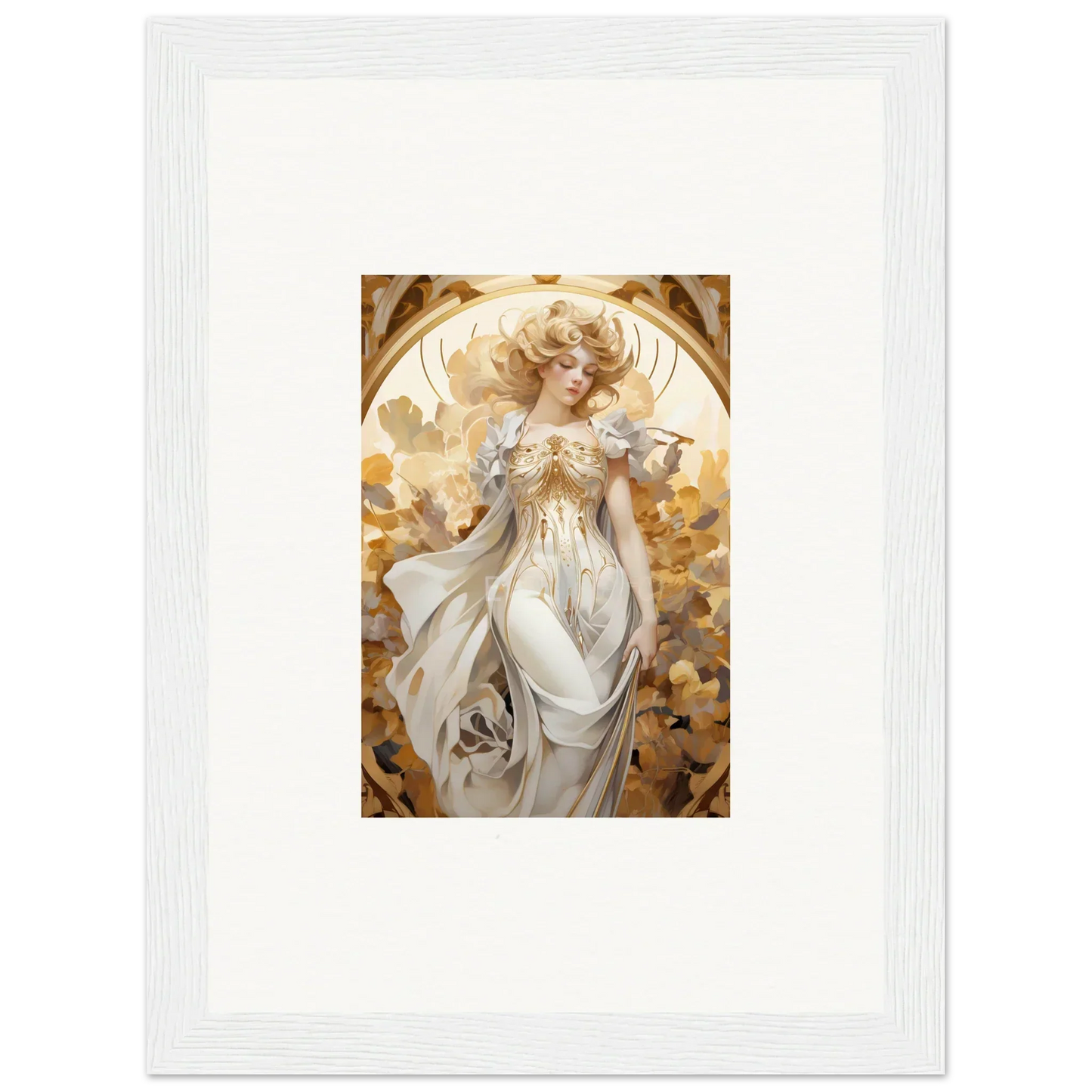 Framed wall art of an ethereal woman in a white dress, perfect for charming room decor