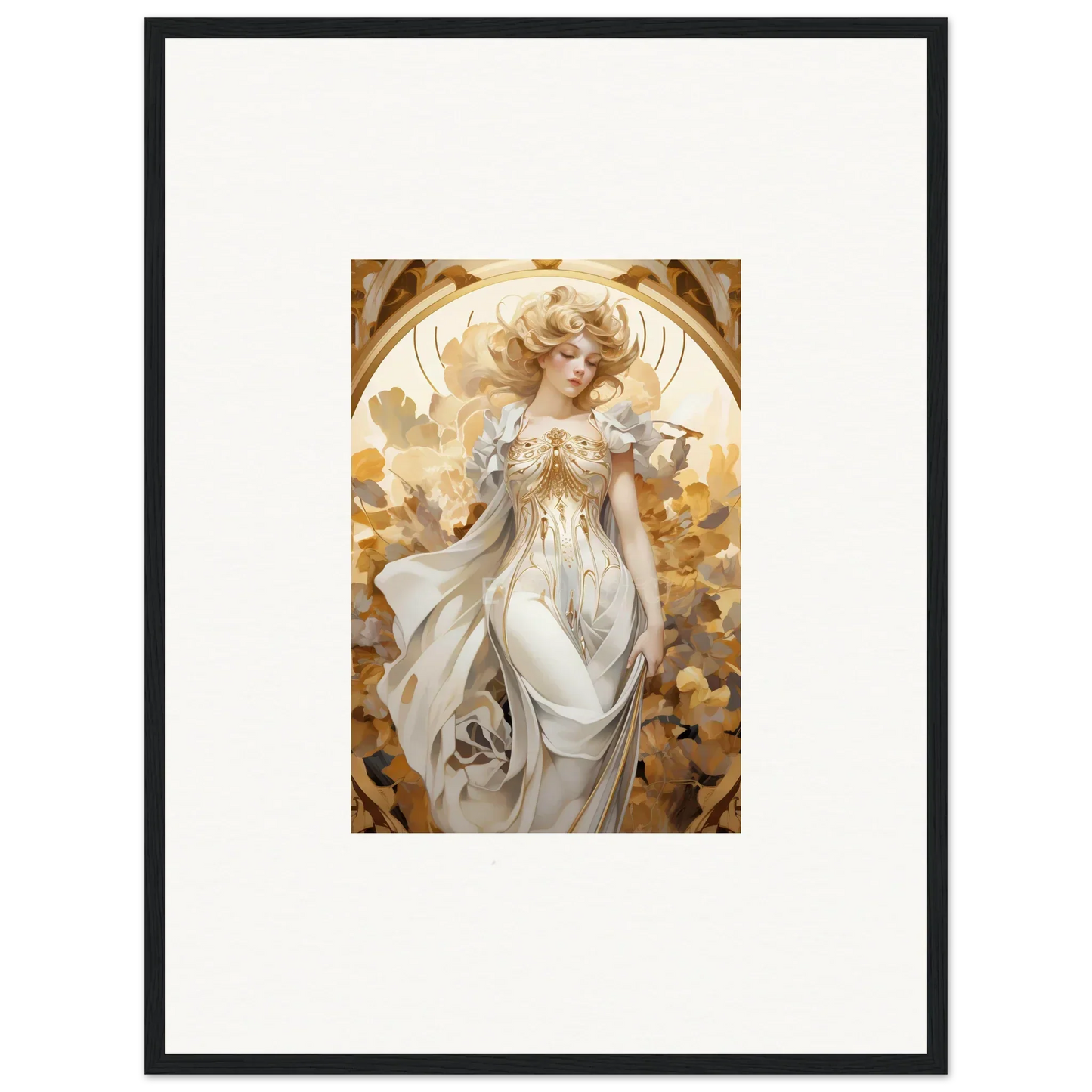 Framed wall art of an ethereal woman in white robes, perfect for room decor, wearing daydream