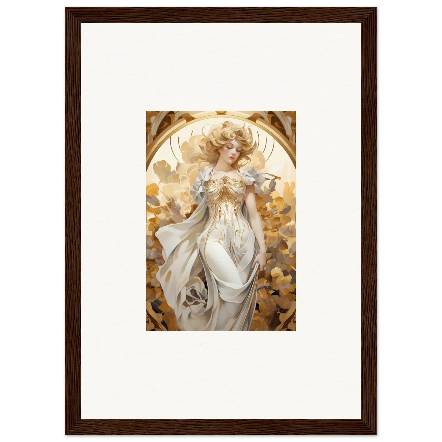 Framed wall art of an ethereal woman wearing daydream in golden hues for room decor