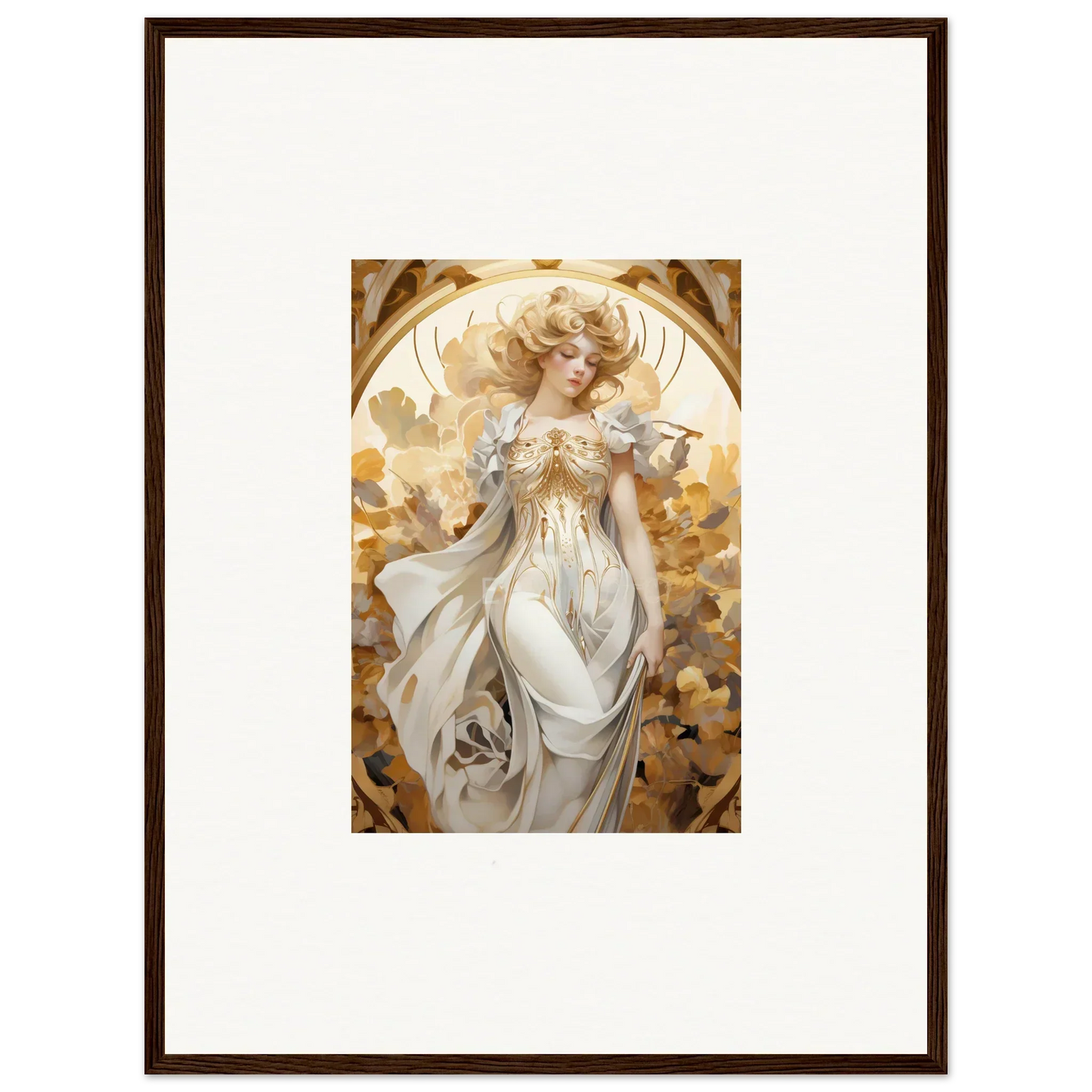 Framed wall art of an ethereal woman in white robes, perfect for wearing daydream room decor
