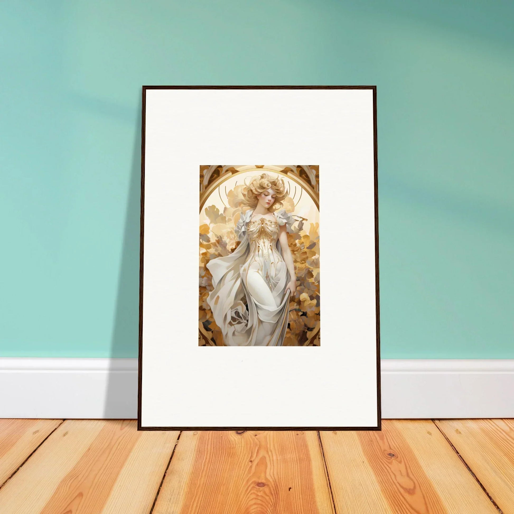 Framed wall art of a female figure in white robes for elegant room decor wearing daydream