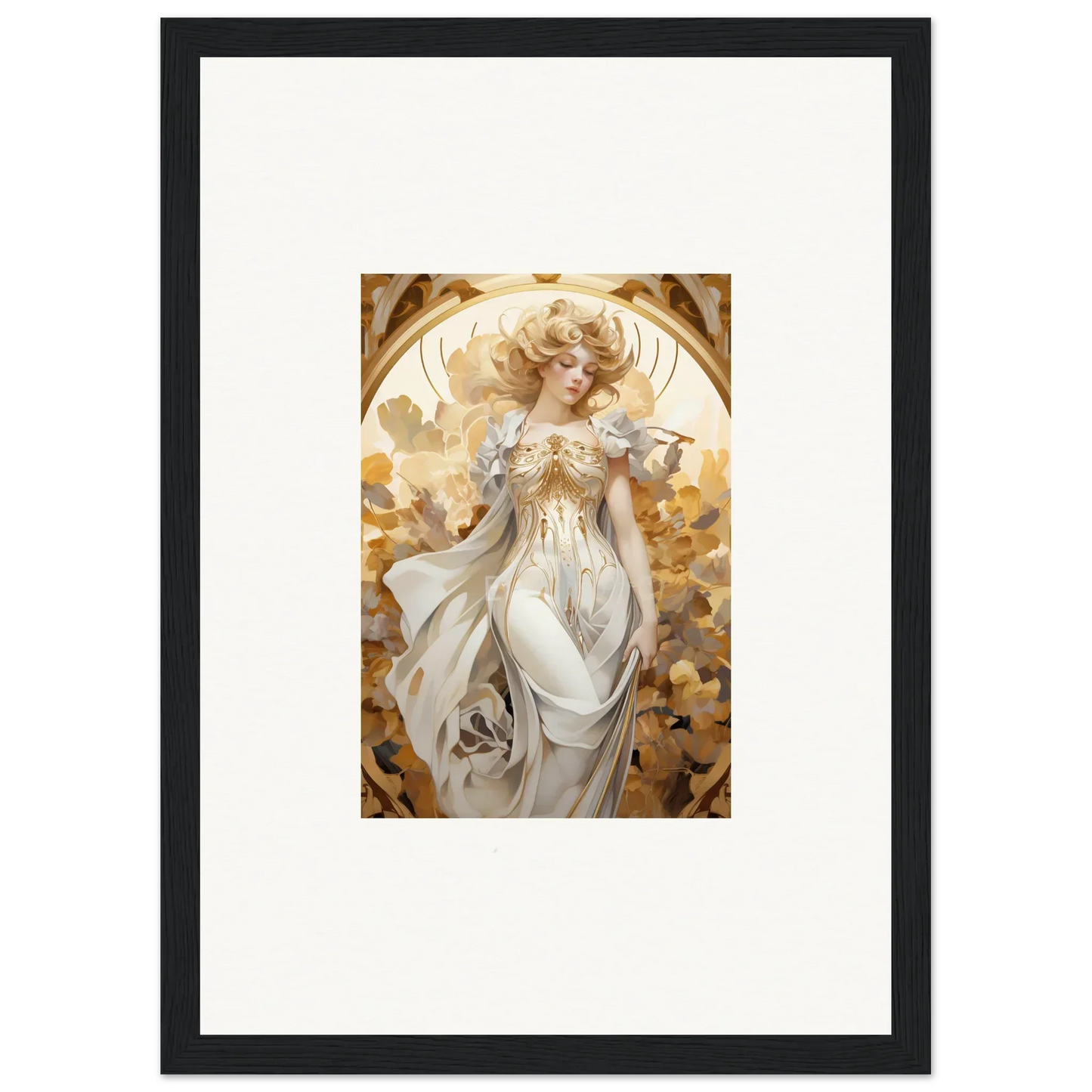 Framed wall art of an ethereal woman wearing daydream surrounded by golden hues